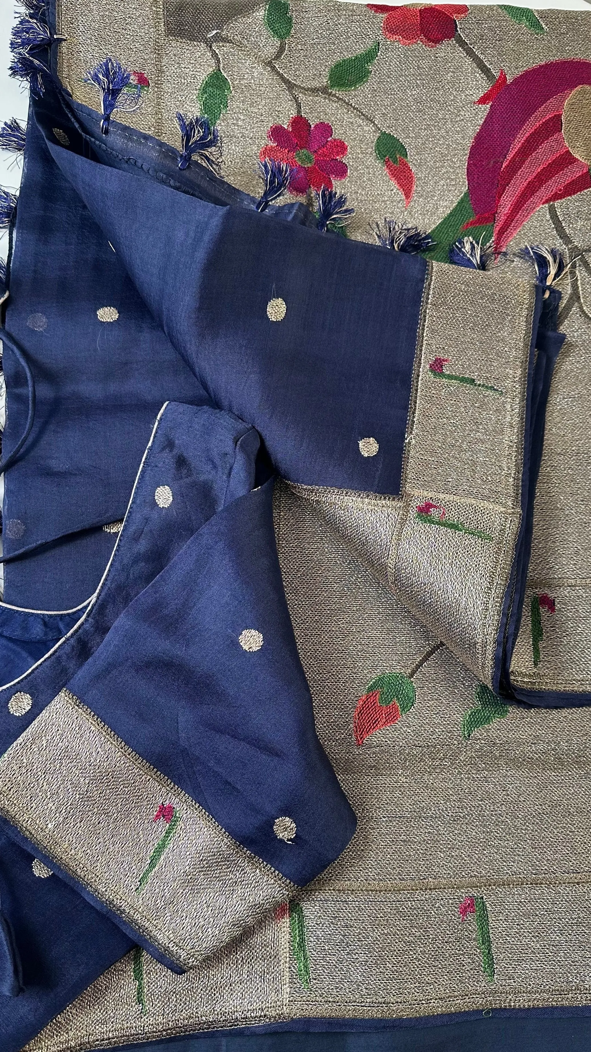 Organza soft weave Blue paithani silver borders with stitched blouse