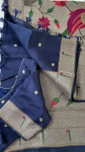 Organza soft weave Blue paithani silver borders with stitched blouse