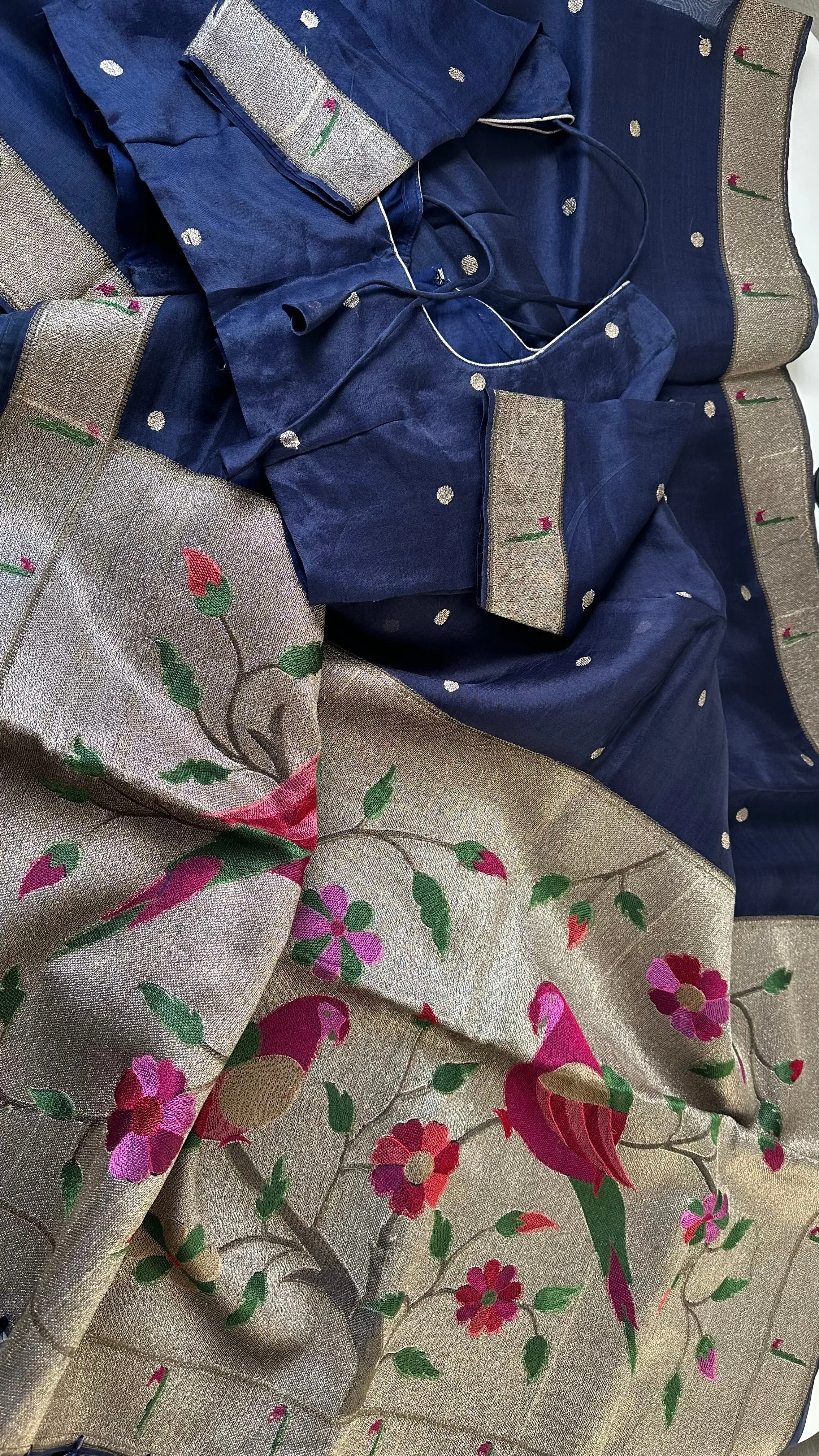 Organza soft weave Blue paithani silver borders with stitched blouse