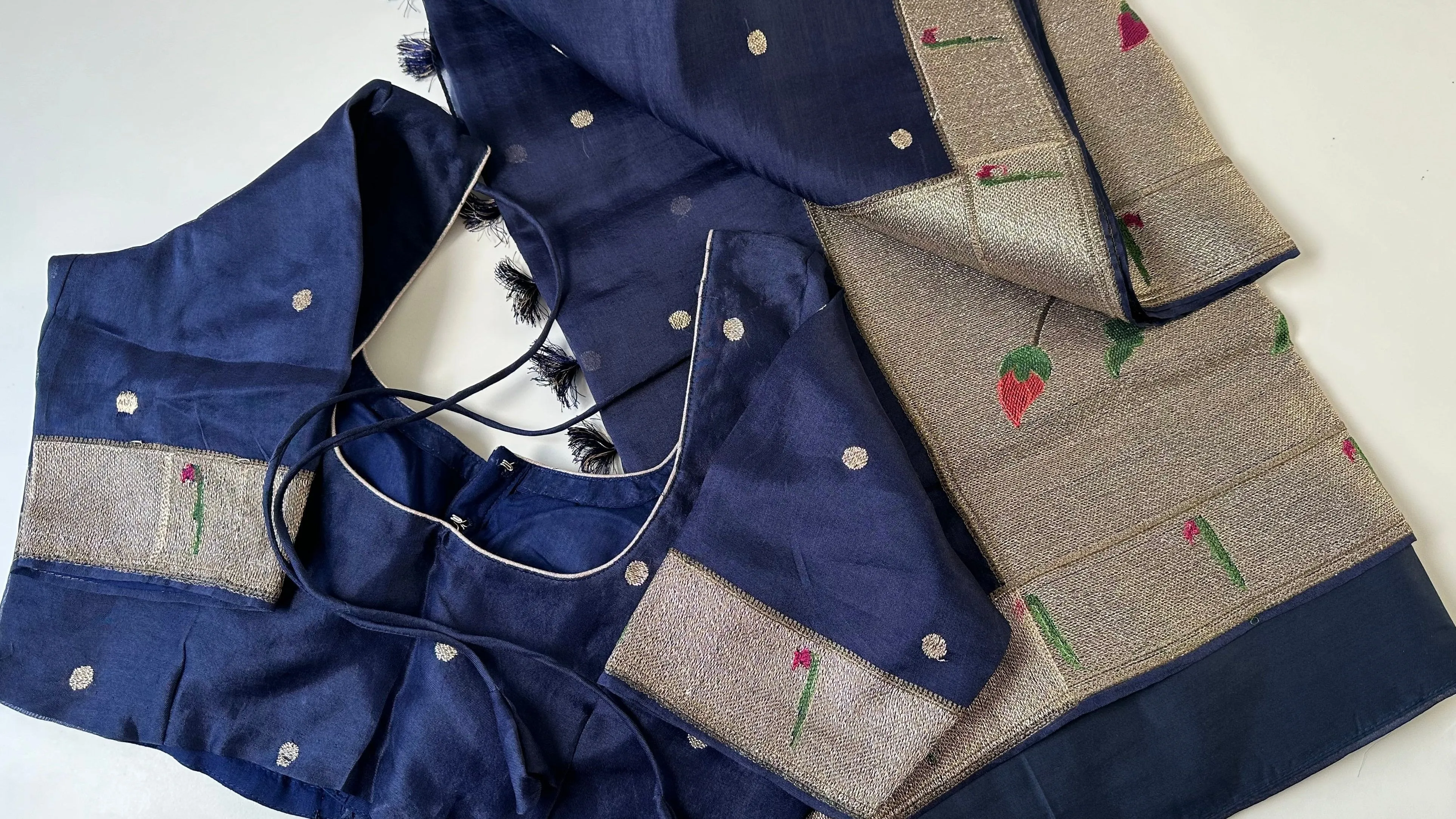 Organza soft weave Blue paithani silver borders with stitched blouse