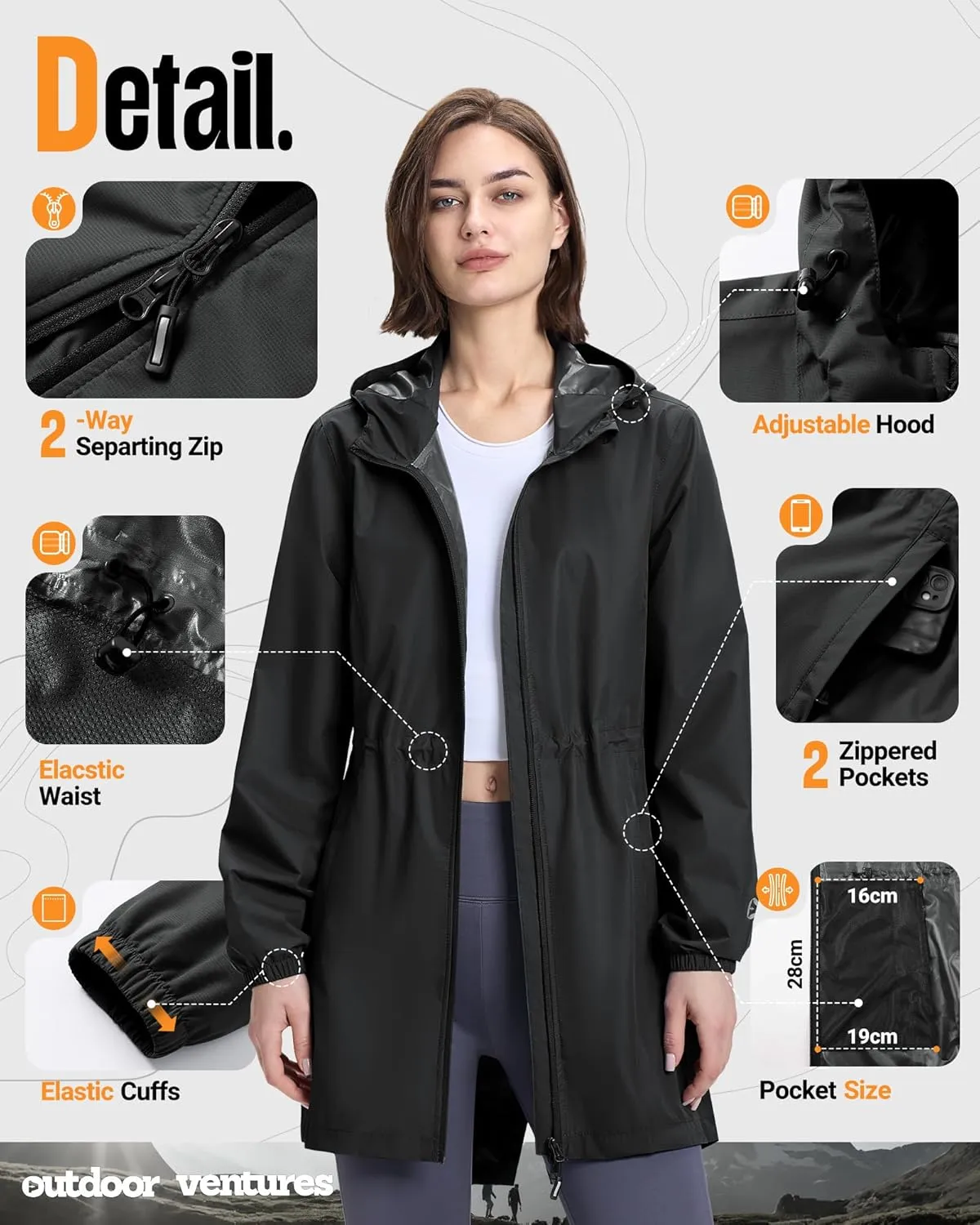 Outdoor Ventures Women's Waterproof Long Rain Coats Packable Lightweight Rain Jacket With Hood Windproof Trench Coats