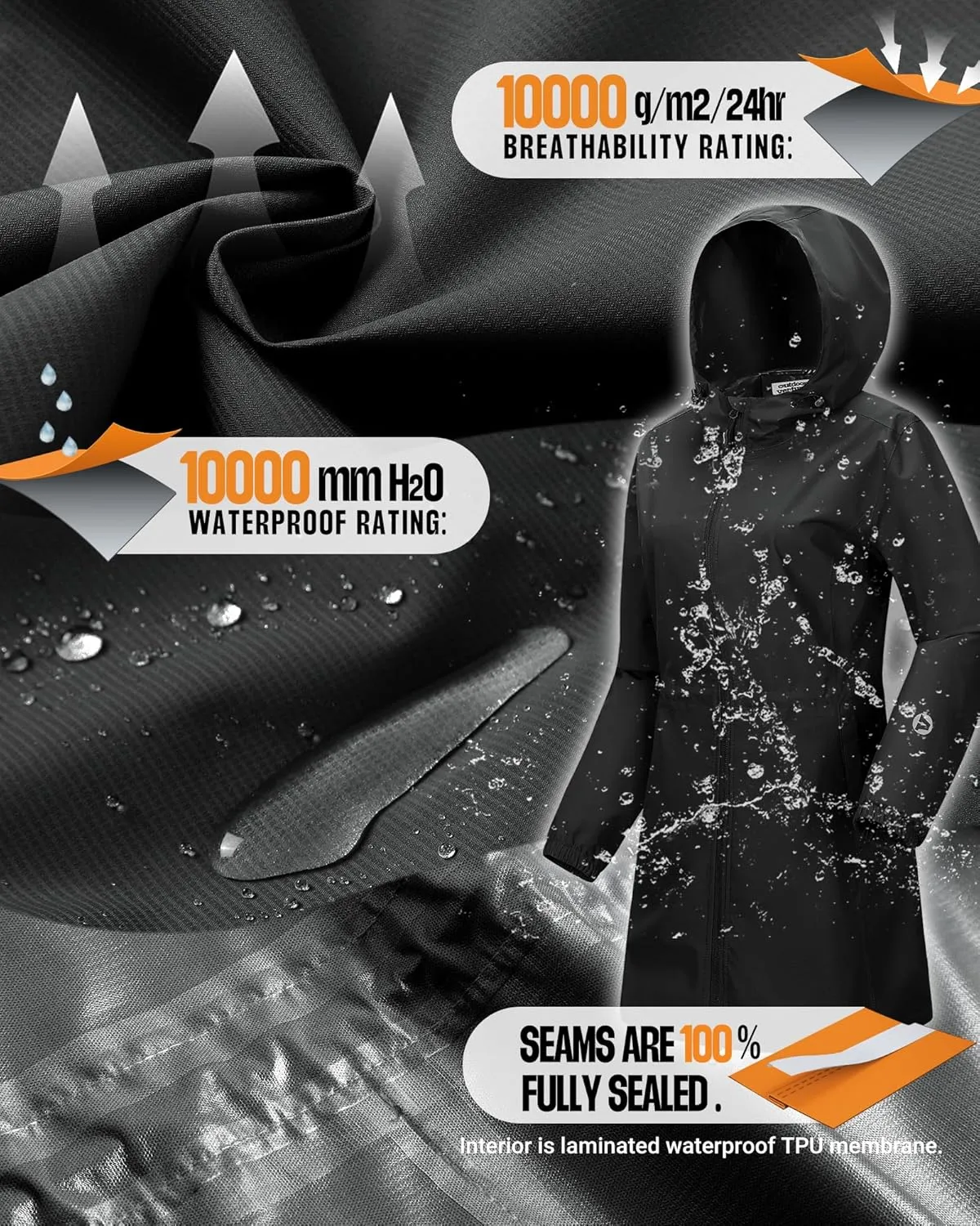 Outdoor Ventures Women's Waterproof Long Rain Coats Packable Lightweight Rain Jacket With Hood Windproof Trench Coats