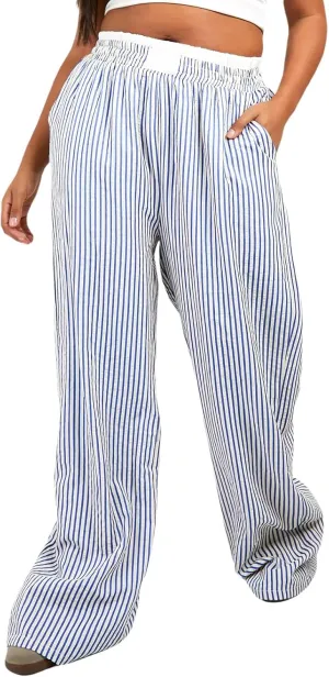 Owl's-Yard Women Y2K Stripe Print Pants Elastic Waist Dreawstring Wide Leg Trousers Striped Casual Lounge Pants with Pockets