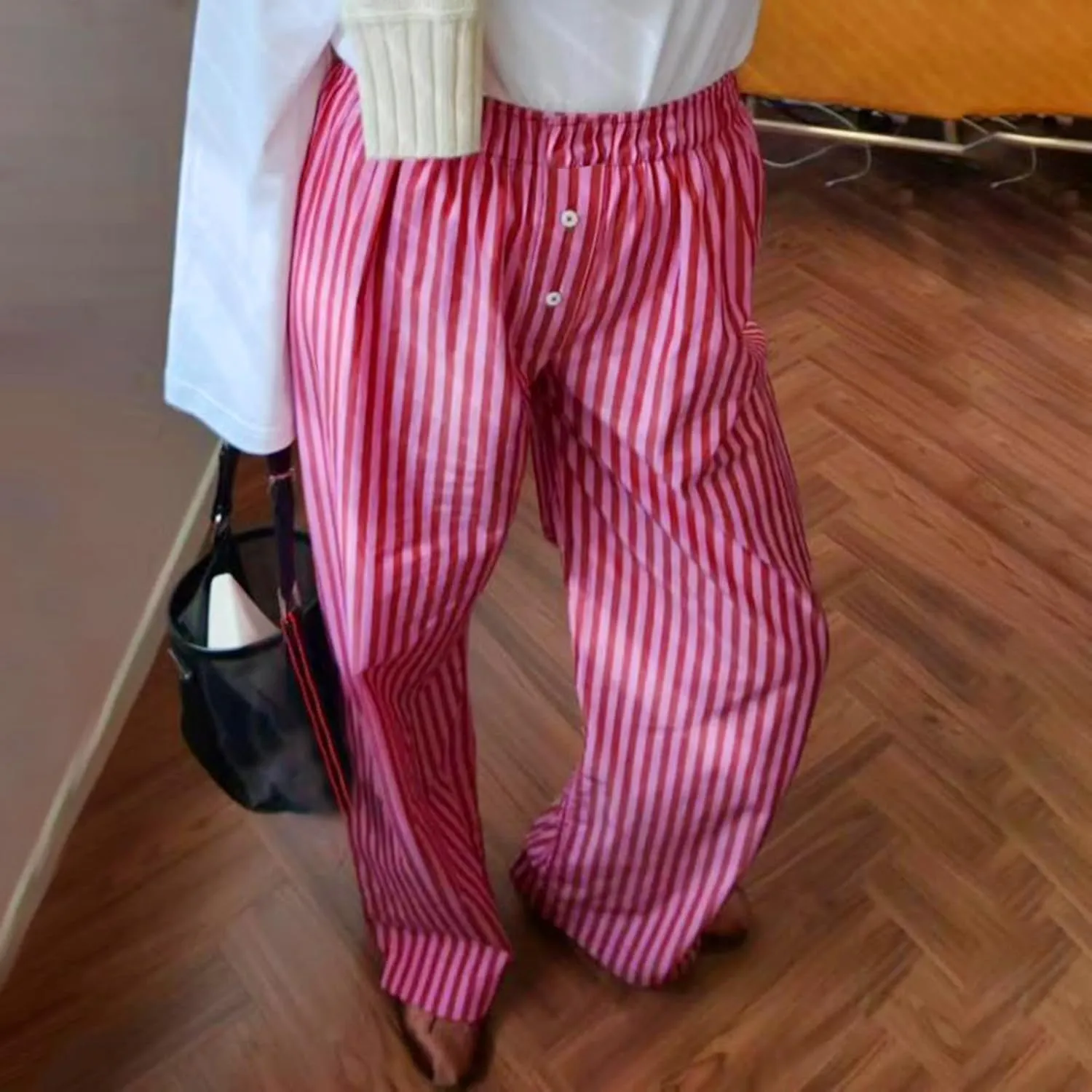 Owl's-Yard Women Y2K Stripe Print Pants Elastic Waist Dreawstring Wide Leg Trousers Striped Casual Lounge Pants with Pockets