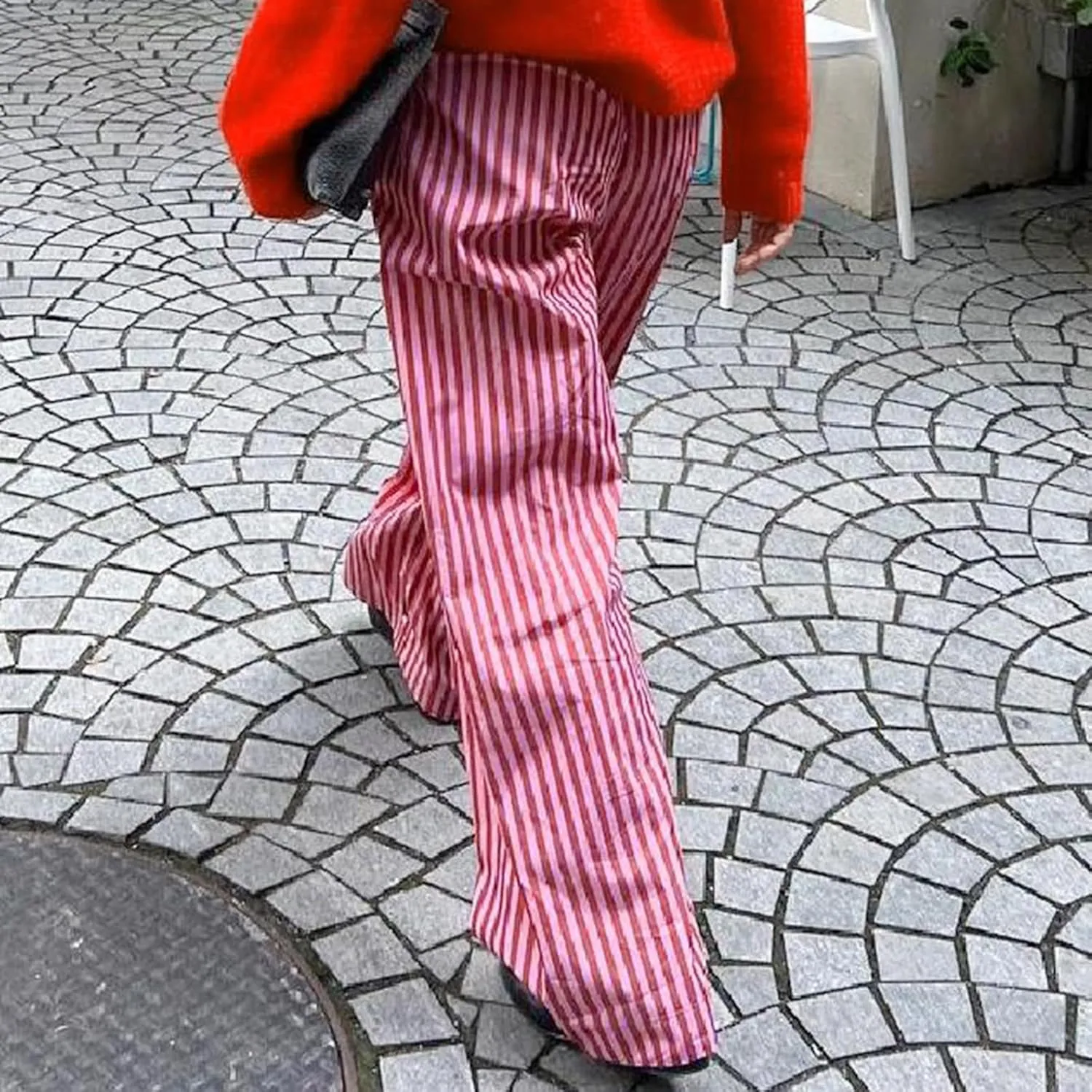 Owl's-Yard Women Y2K Stripe Print Pants Elastic Waist Dreawstring Wide Leg Trousers Striped Casual Lounge Pants with Pockets