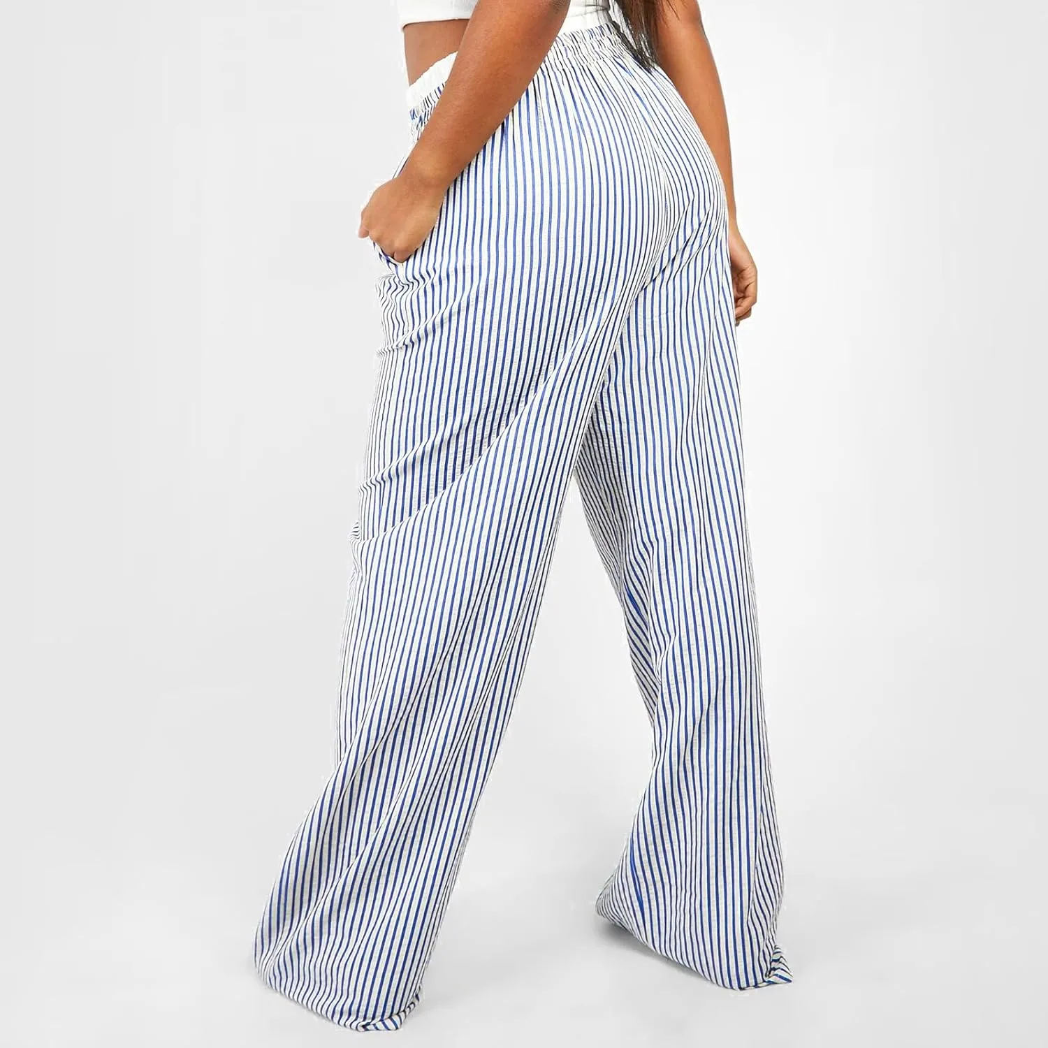 Owl's-Yard Women Y2K Stripe Print Pants Elastic Waist Dreawstring Wide Leg Trousers Striped Casual Lounge Pants with Pockets