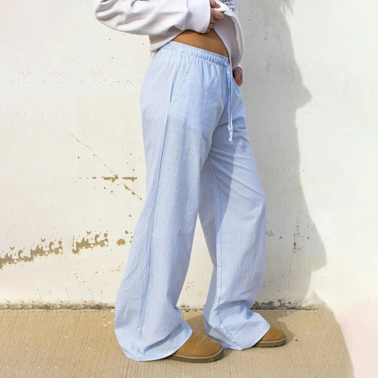 Owl's-Yard Women Y2K Stripe Print Pants Elastic Waist Dreawstring Wide Leg Trousers Striped Casual Lounge Pants with Pockets