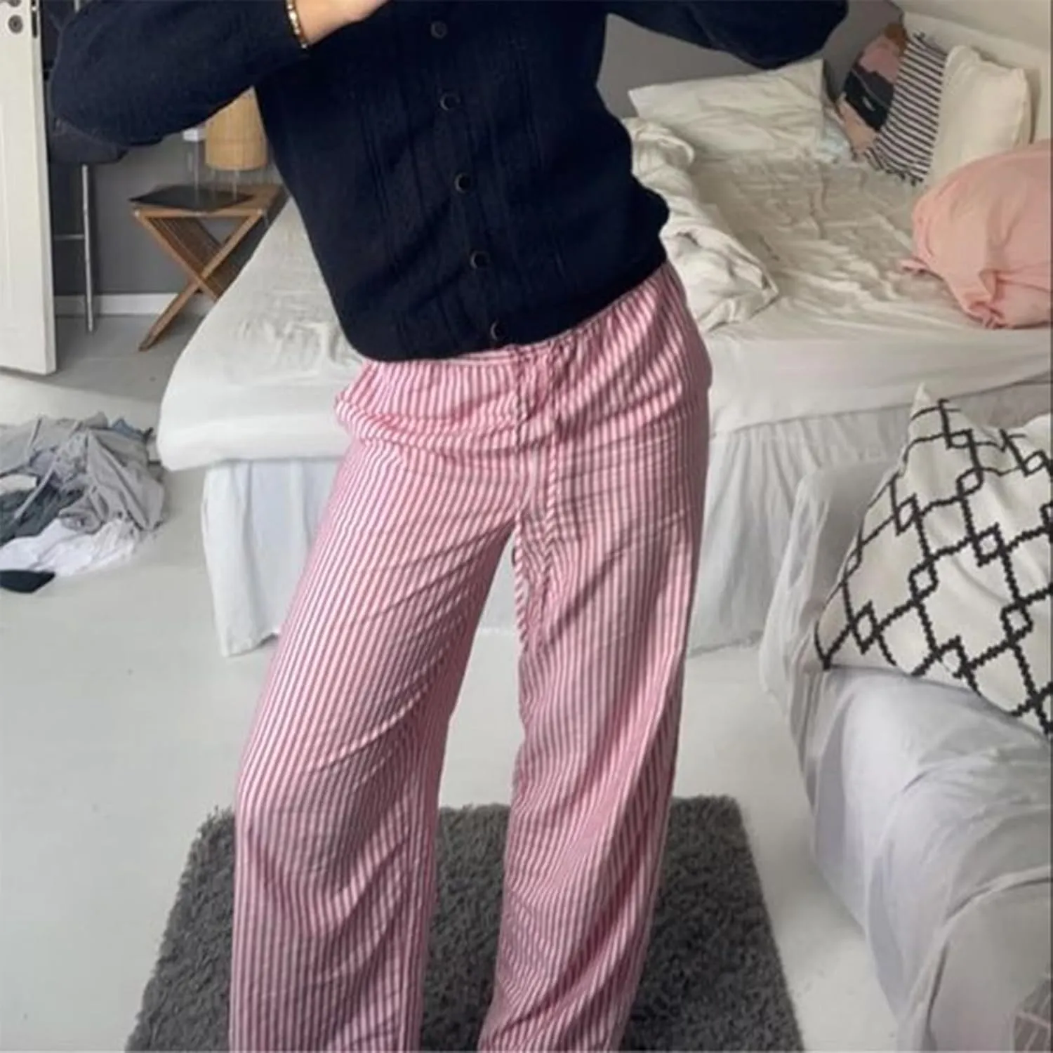 Owl's-Yard Women Y2K Stripe Print Pants Elastic Waist Dreawstring Wide Leg Trousers Striped Casual Lounge Pants with Pockets