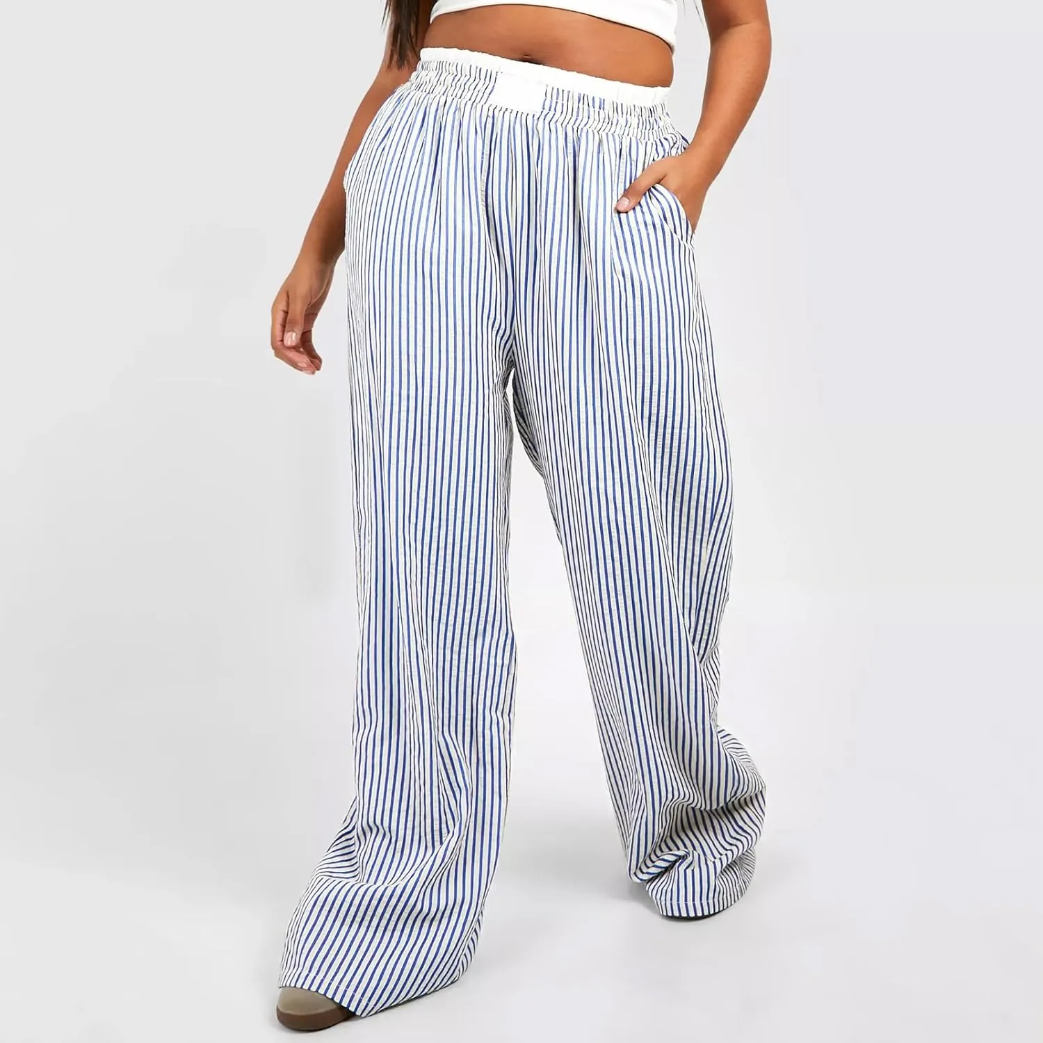 Owl's-Yard Women Y2K Stripe Print Pants Elastic Waist Dreawstring Wide Leg Trousers Striped Casual Lounge Pants with Pockets