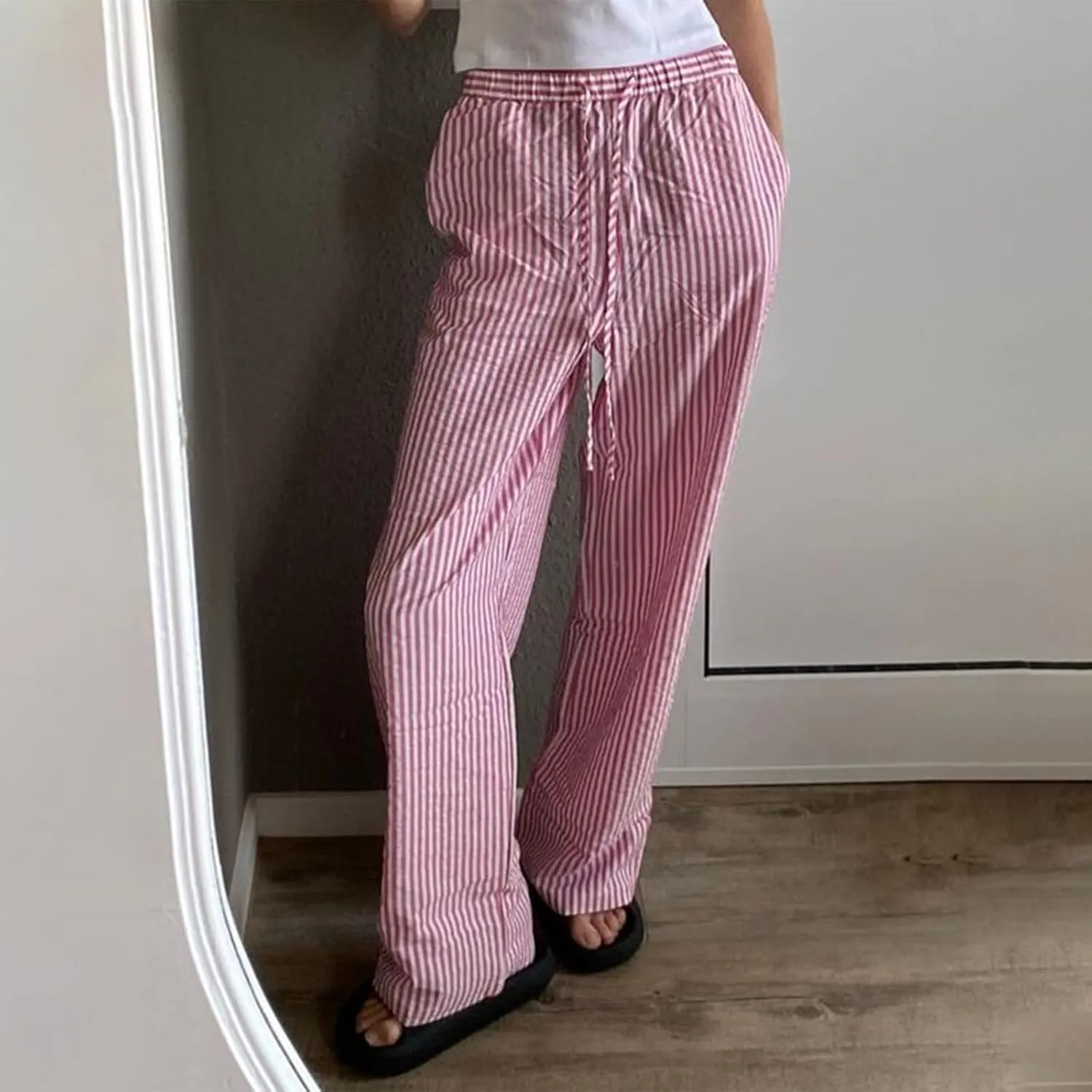 Owl's-Yard Women Y2K Stripe Print Pants Elastic Waist Dreawstring Wide Leg Trousers Striped Casual Lounge Pants with Pockets