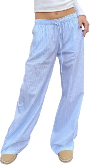 Owl's-Yard Women Y2K Stripe Print Pants Elastic Waist Dreawstring Wide Leg Trousers Striped Casual Lounge Pants with Pockets