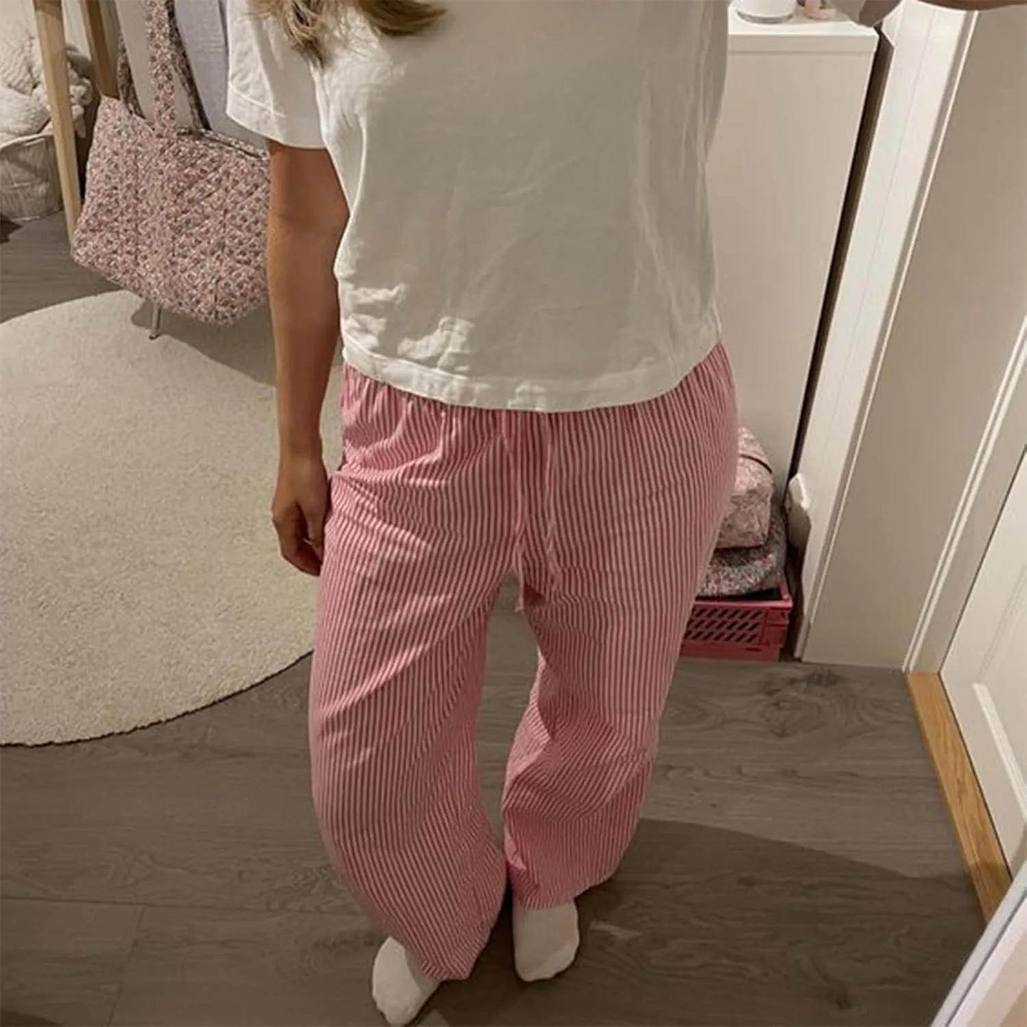 Owl's-Yard Women Y2K Stripe Print Pants Elastic Waist Dreawstring Wide Leg Trousers Striped Casual Lounge Pants with Pockets