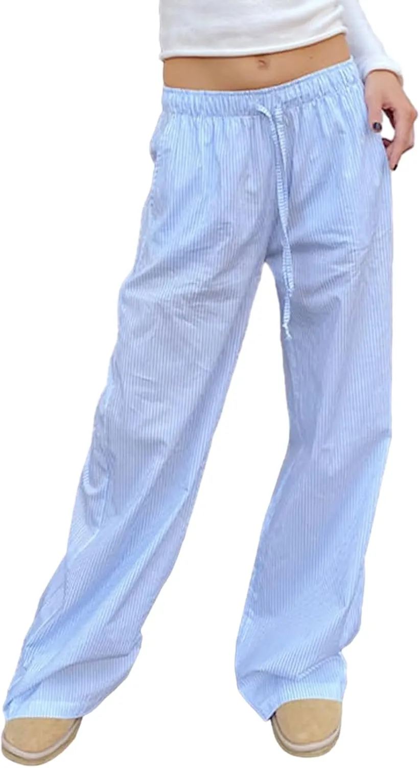 Owl's-Yard Women Y2K Stripe Print Pants Elastic Waist Dreawstring Wide Leg Trousers Striped Casual Lounge Pants with Pockets