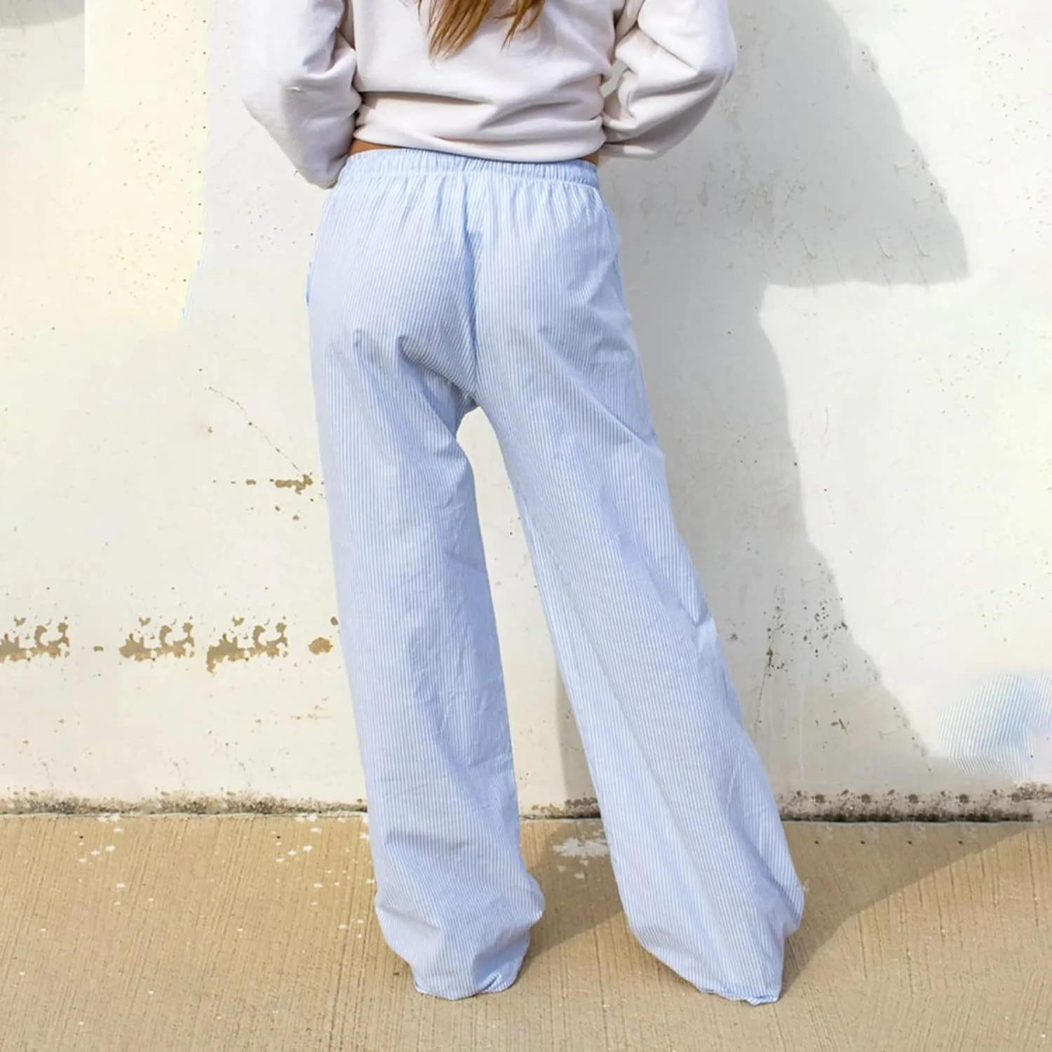 Owl's-Yard Women Y2K Stripe Print Pants Elastic Waist Dreawstring Wide Leg Trousers Striped Casual Lounge Pants with Pockets