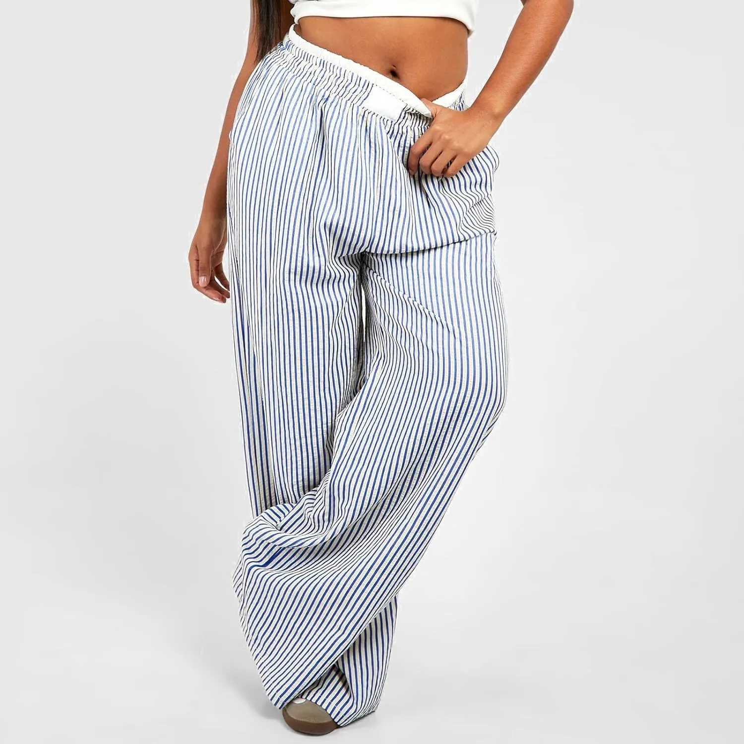 Owl's-Yard Women Y2K Stripe Print Pants Elastic Waist Dreawstring Wide Leg Trousers Striped Casual Lounge Pants with Pockets