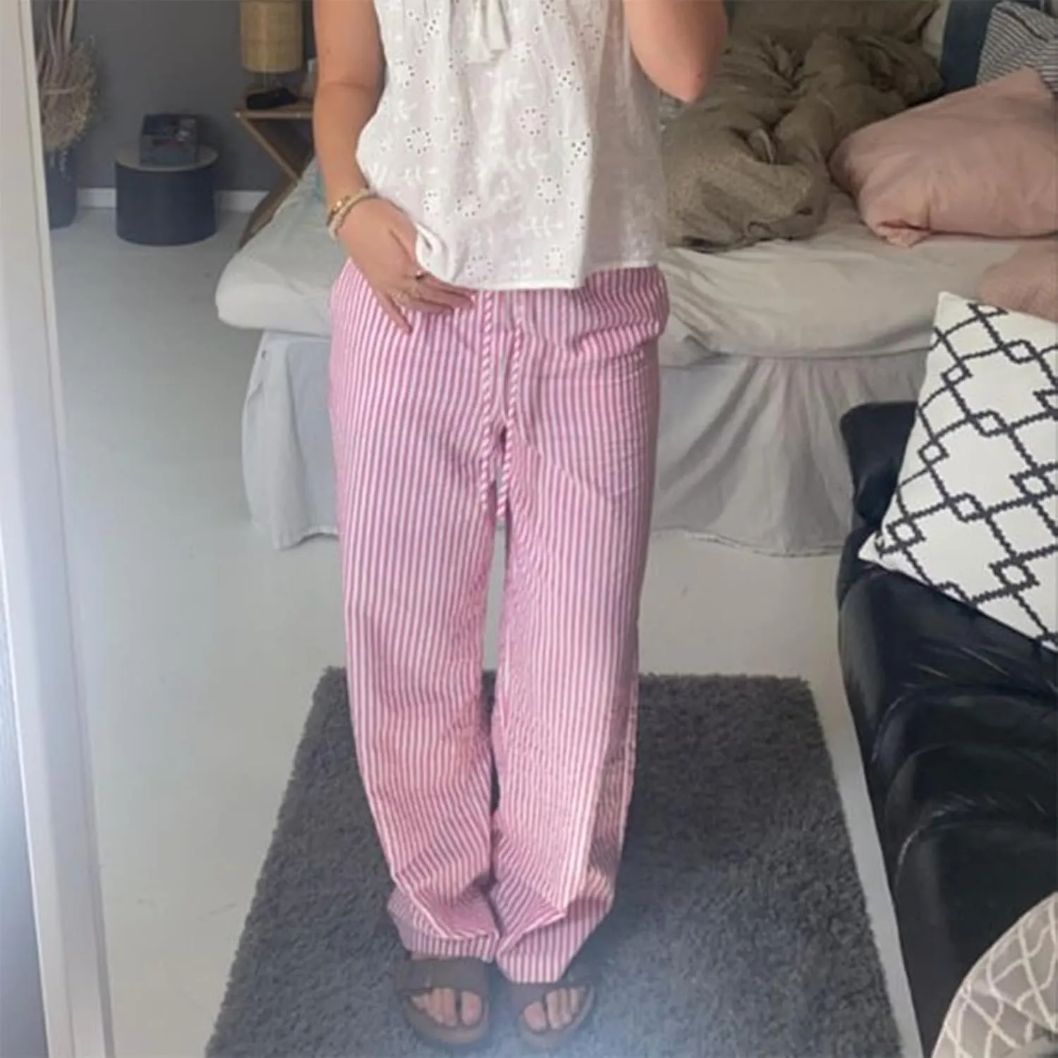 Owl's-Yard Women Y2K Stripe Print Pants Elastic Waist Dreawstring Wide Leg Trousers Striped Casual Lounge Pants with Pockets