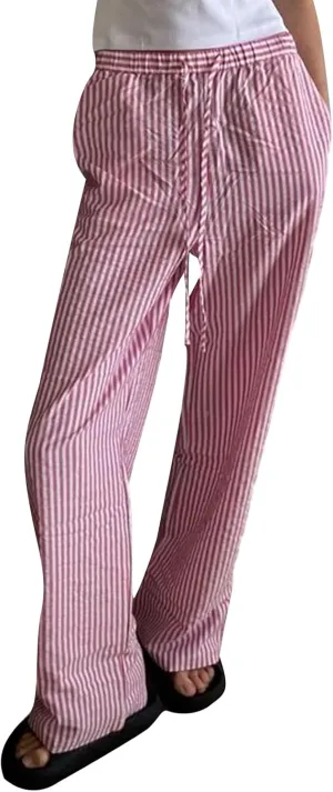 Owl's-Yard Women Y2K Stripe Print Pants Elastic Waist Dreawstring Wide Leg Trousers Striped Casual Lounge Pants with Pockets