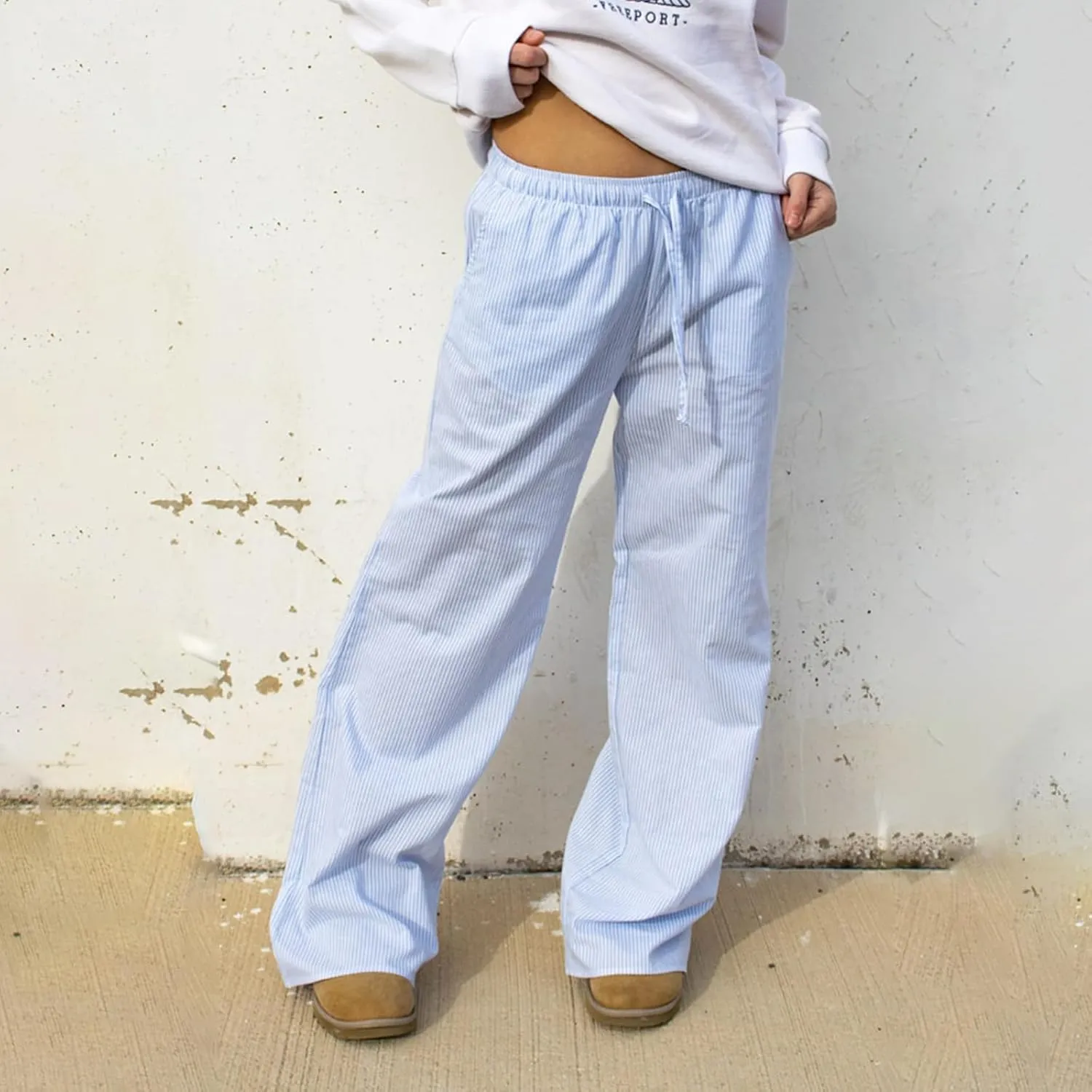 Owl's-Yard Women Y2K Stripe Print Pants Elastic Waist Dreawstring Wide Leg Trousers Striped Casual Lounge Pants with Pockets