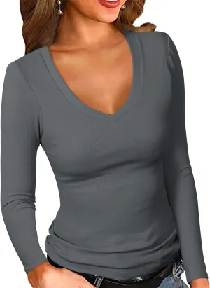 PALINDA Women's Ribbed V Neck Slim Fitted T Shirts Basic Solid Long Sleeve Layering Tee Tops