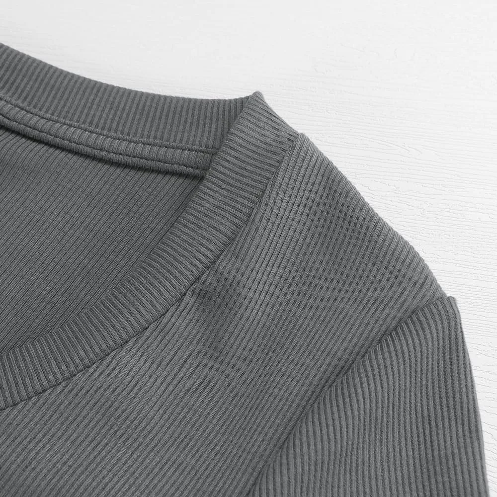 PALINDA Women's Ribbed V Neck Slim Fitted T Shirts Basic Solid Long Sleeve Layering Tee Tops