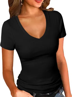 PALINDA Women's Short Sleeves Ribbed Fitted Shirt Basic V Neck Slim T Shirt Tops