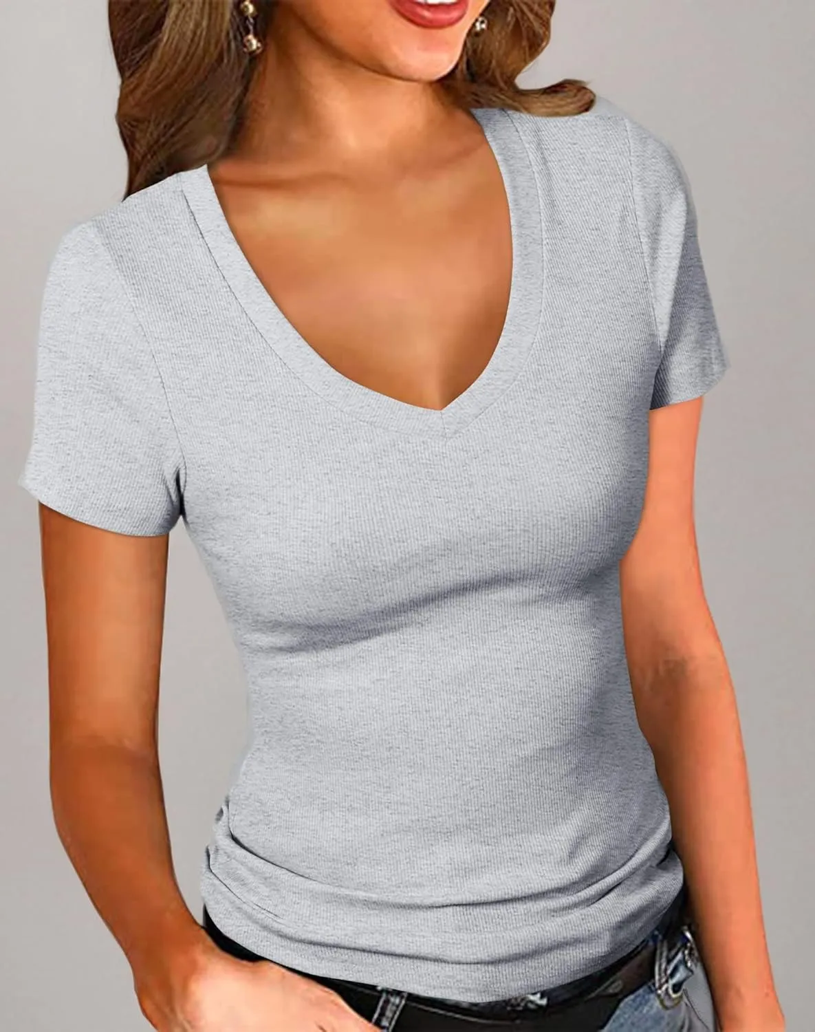 PALINDA Women's Short Sleeves Ribbed Fitted Shirt Basic V Neck Slim T Shirt Tops