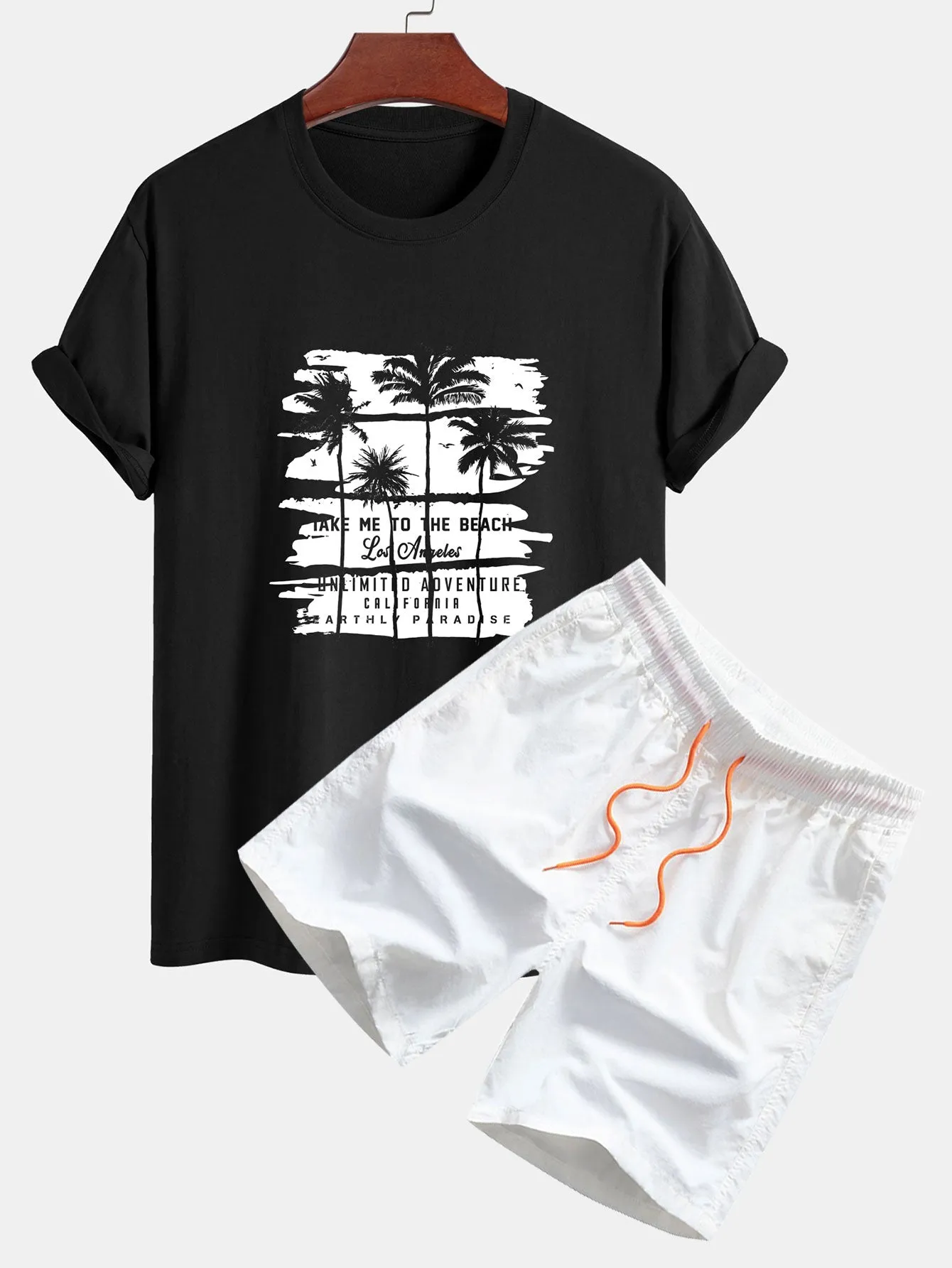 Palm Tree Silhouette Print Cotton T-Shirt & Man Mid Length Drawstring Swim Shorts