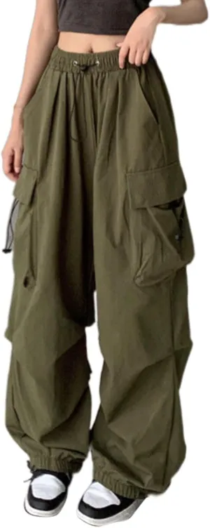 Parachute Pants for Women, Y2k Cargo Pants Women Baggy Drawstring High Rise Straight Leg Baggy Pants Jogger Sweatpants
