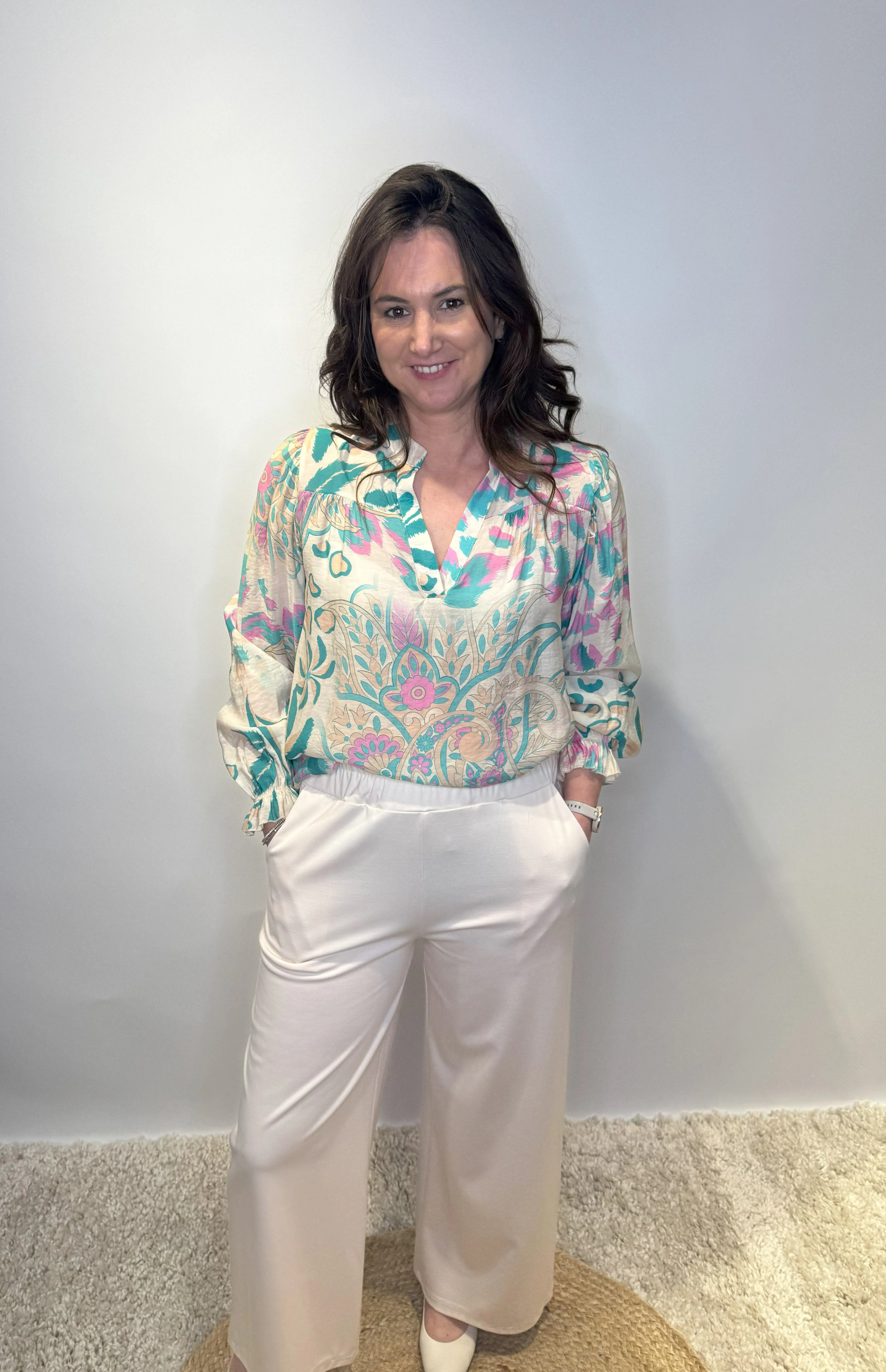 Pastel Floral Print Blouse with V-Neck - Aqua