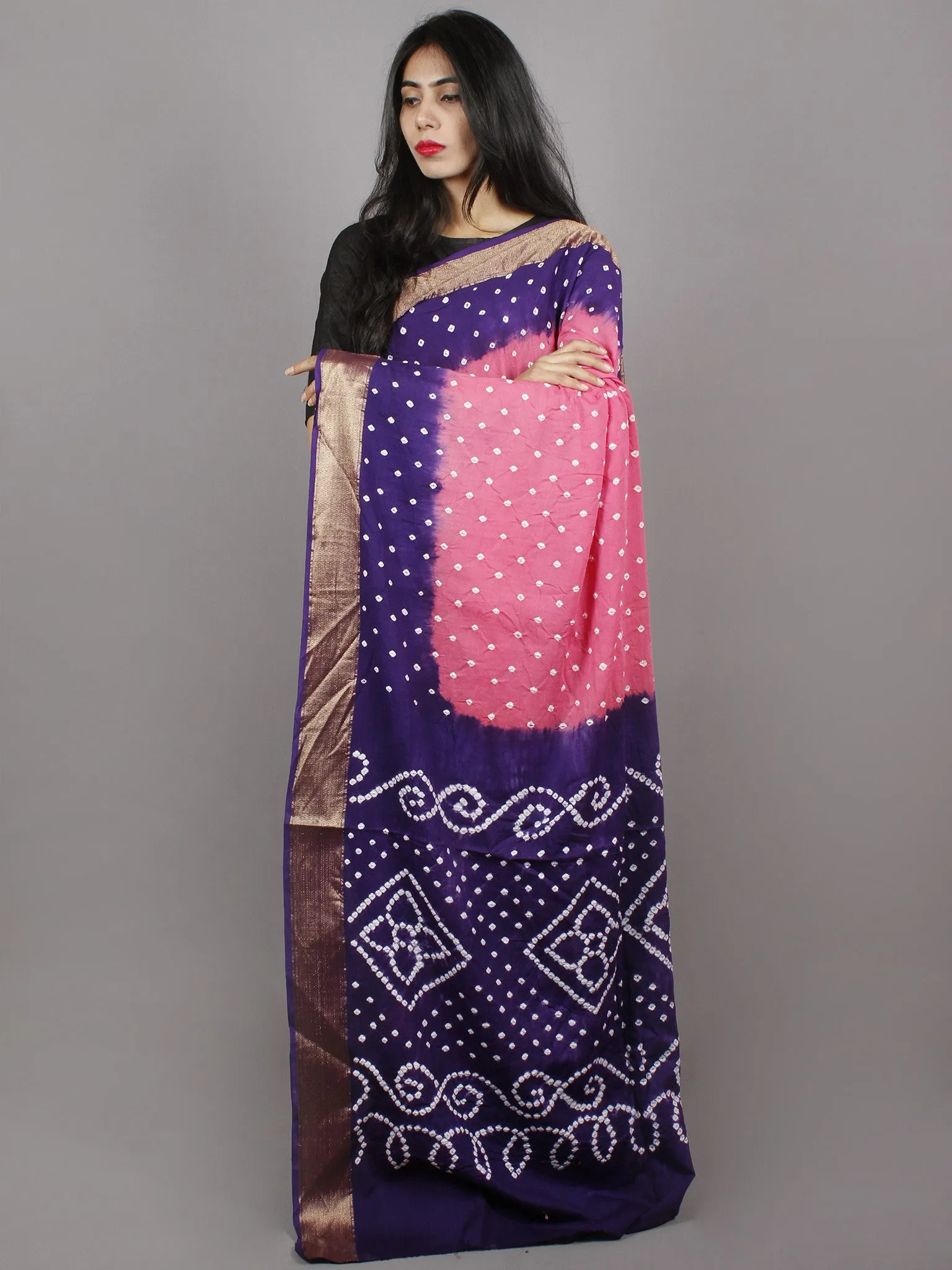 Pastel Pink Purple Ivory Hand Tie & Dye Bandhej Glace Cotton Saree With Resham Border - S031701326
