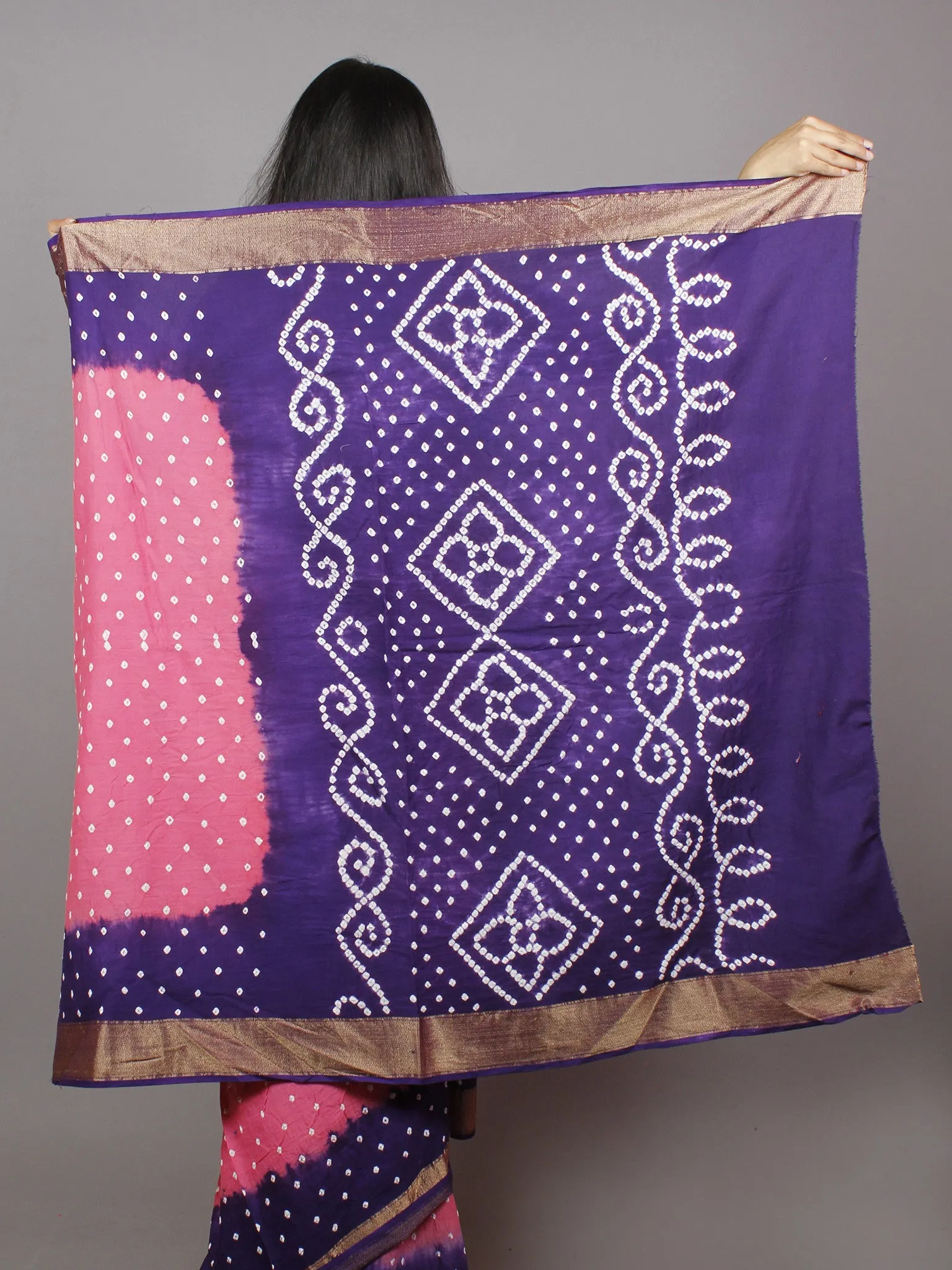 Pastel Pink Purple Ivory Hand Tie & Dye Bandhej Glace Cotton Saree With Resham Border - S031701326
