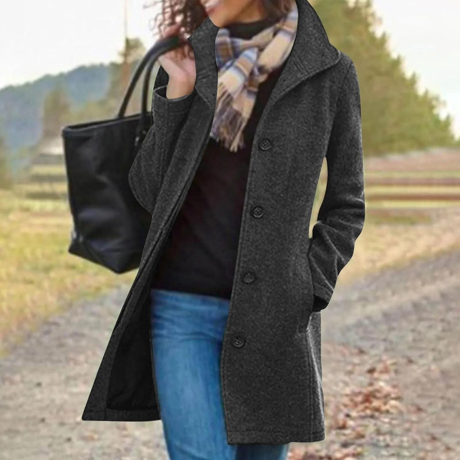 Pea Coats for Women Winter Stand Collar Trench Coats Trendy Single Breasted Tweed Jacket with Pockets Long Wool Overcoat