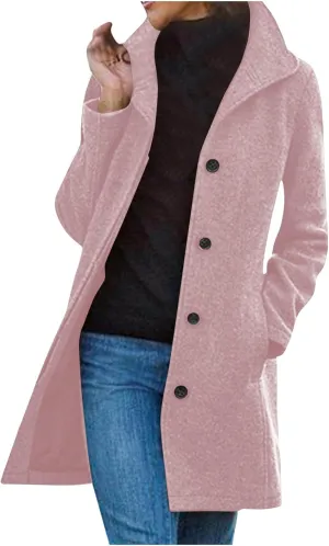 Pea Coats for Women Winter Stand Collar Trench Coats Trendy Single Breasted Tweed Jacket with Pockets Long Wool Overcoat