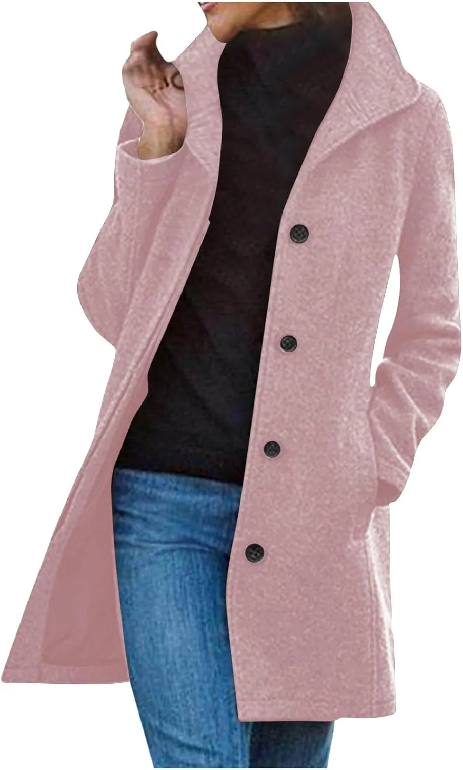Pea Coats for Women Winter Stand Collar Trench Coats Trendy Single Breasted Tweed Jacket with Pockets Long Wool Overcoat