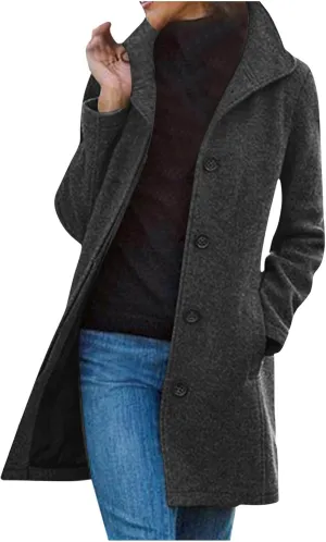 Pea Coats for Women Winter Stand Collar Trench Coats Trendy Single Breasted Tweed Jacket with Pockets Long Wool Overcoat