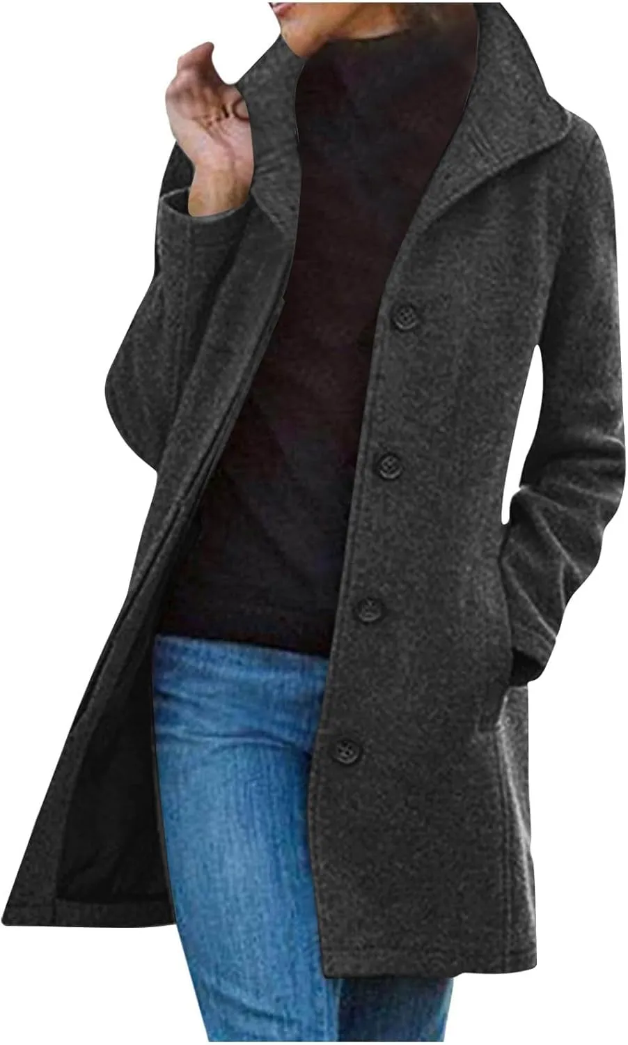 Pea Coats for Women Winter Stand Collar Trench Coats Trendy Single Breasted Tweed Jacket with Pockets Long Wool Overcoat