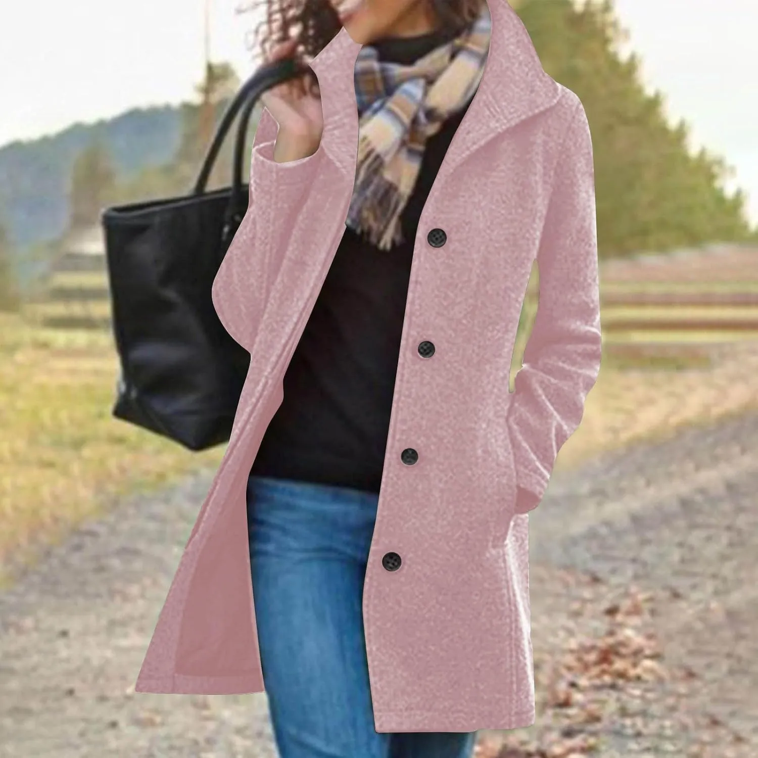 Pea Coats for Women Winter Stand Collar Trench Coats Trendy Single Breasted Tweed Jacket with Pockets Long Wool Overcoat