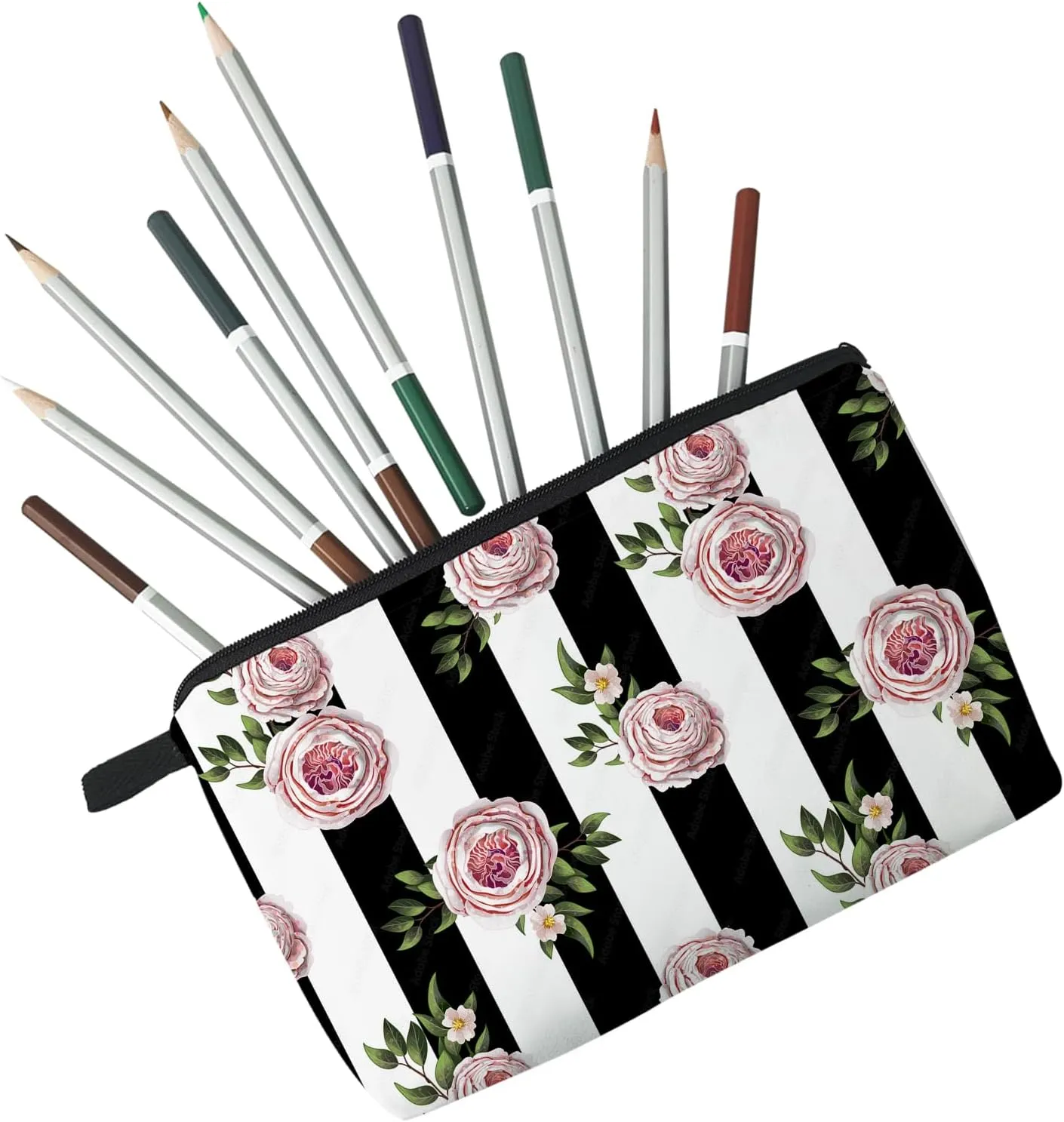 Pink Rose Makeup Bag Black White Stripe Background Rose Print Small Toiletry Organizer Zipper Pouch Simple Style Roses Pattern Cosmetic Bag Present for Women Friends