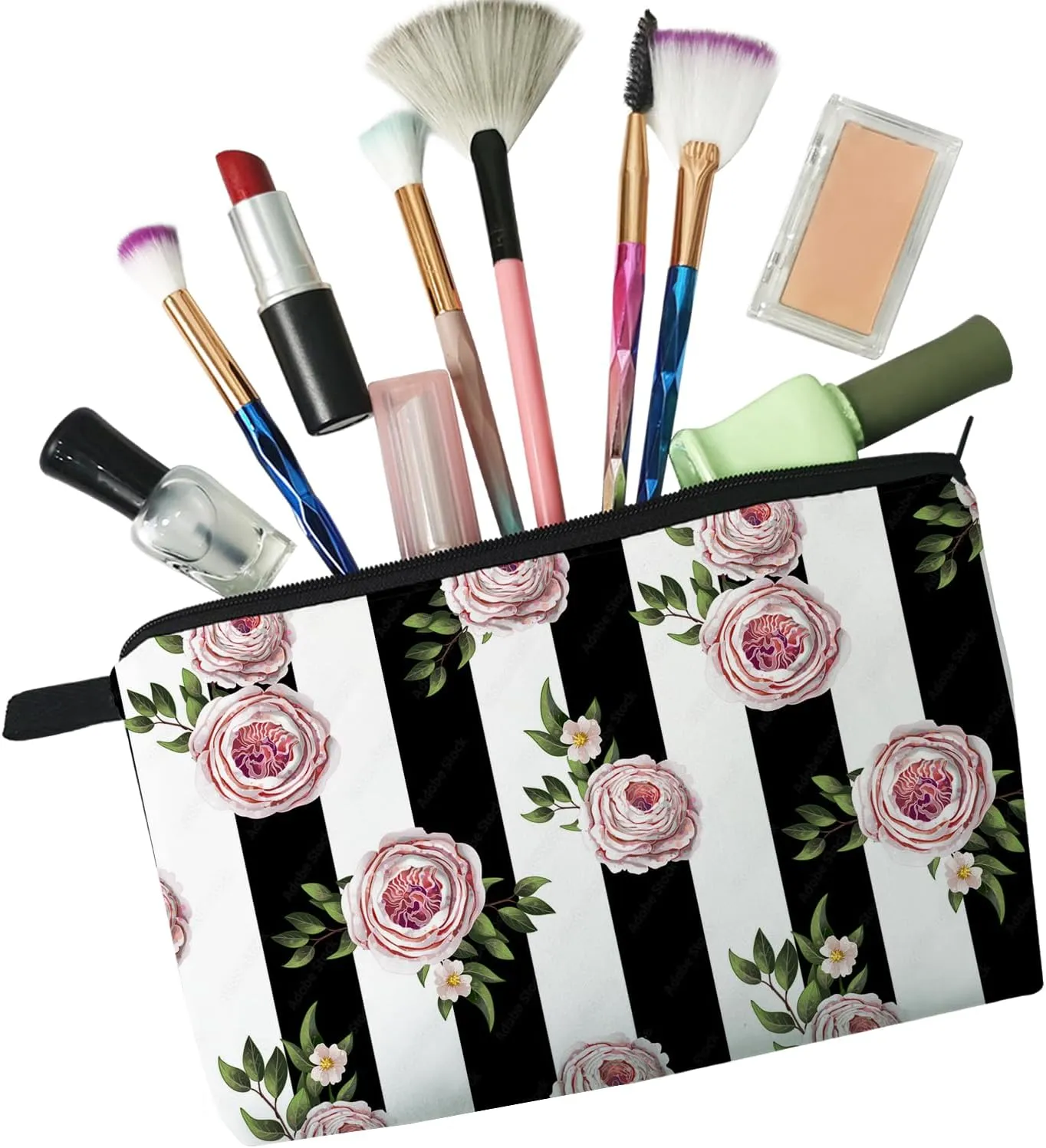 Pink Rose Makeup Bag Black White Stripe Background Rose Print Small Toiletry Organizer Zipper Pouch Simple Style Roses Pattern Cosmetic Bag Present for Women Friends