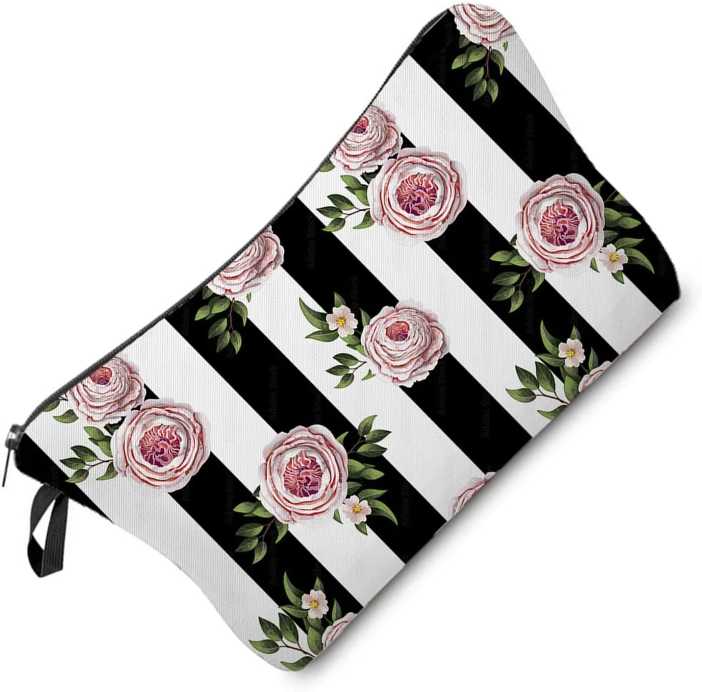 Pink Rose Makeup Bag Black White Stripe Background Rose Print Small Toiletry Organizer Zipper Pouch Simple Style Roses Pattern Cosmetic Bag Present for Women Friends