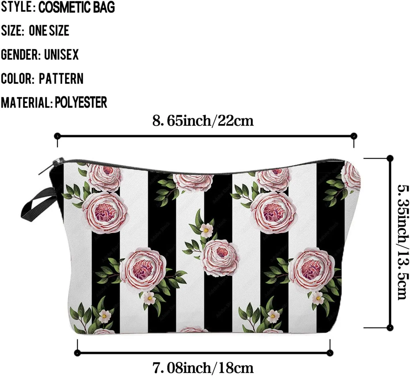 Pink Rose Makeup Bag Black White Stripe Background Rose Print Small Toiletry Organizer Zipper Pouch Simple Style Roses Pattern Cosmetic Bag Present for Women Friends