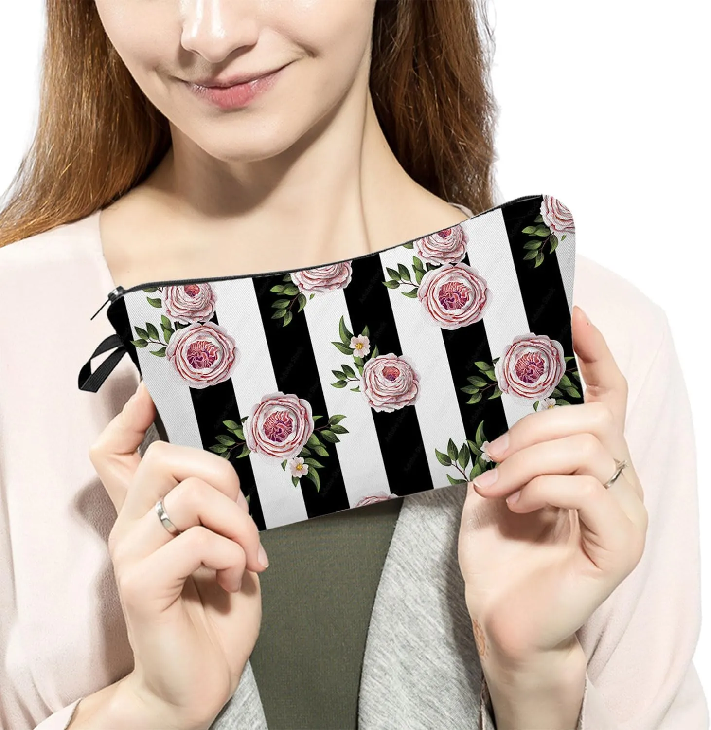 Pink Rose Makeup Bag Black White Stripe Background Rose Print Small Toiletry Organizer Zipper Pouch Simple Style Roses Pattern Cosmetic Bag Present for Women Friends