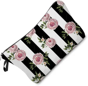 Pink Rose Makeup Bag Black White Stripe Background Rose Print Small Toiletry Organizer Zipper Pouch Simple Style Roses Pattern Cosmetic Bag Present for Women Friends