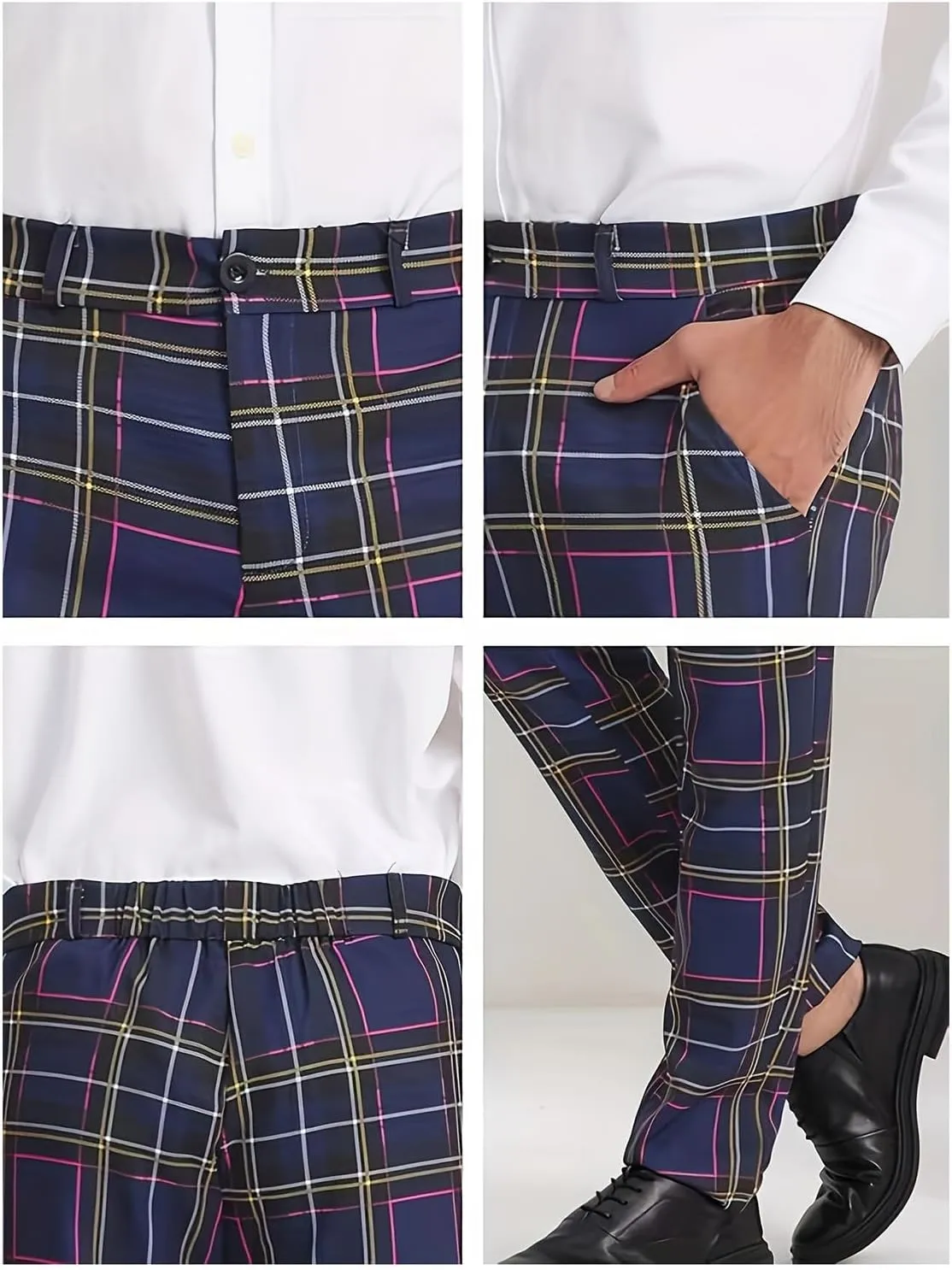 Plaid Pants for Men Straight Leg Checked Pattern Business Golf Chinos Pants Trousers Slim Fit Pants Expandable Waist