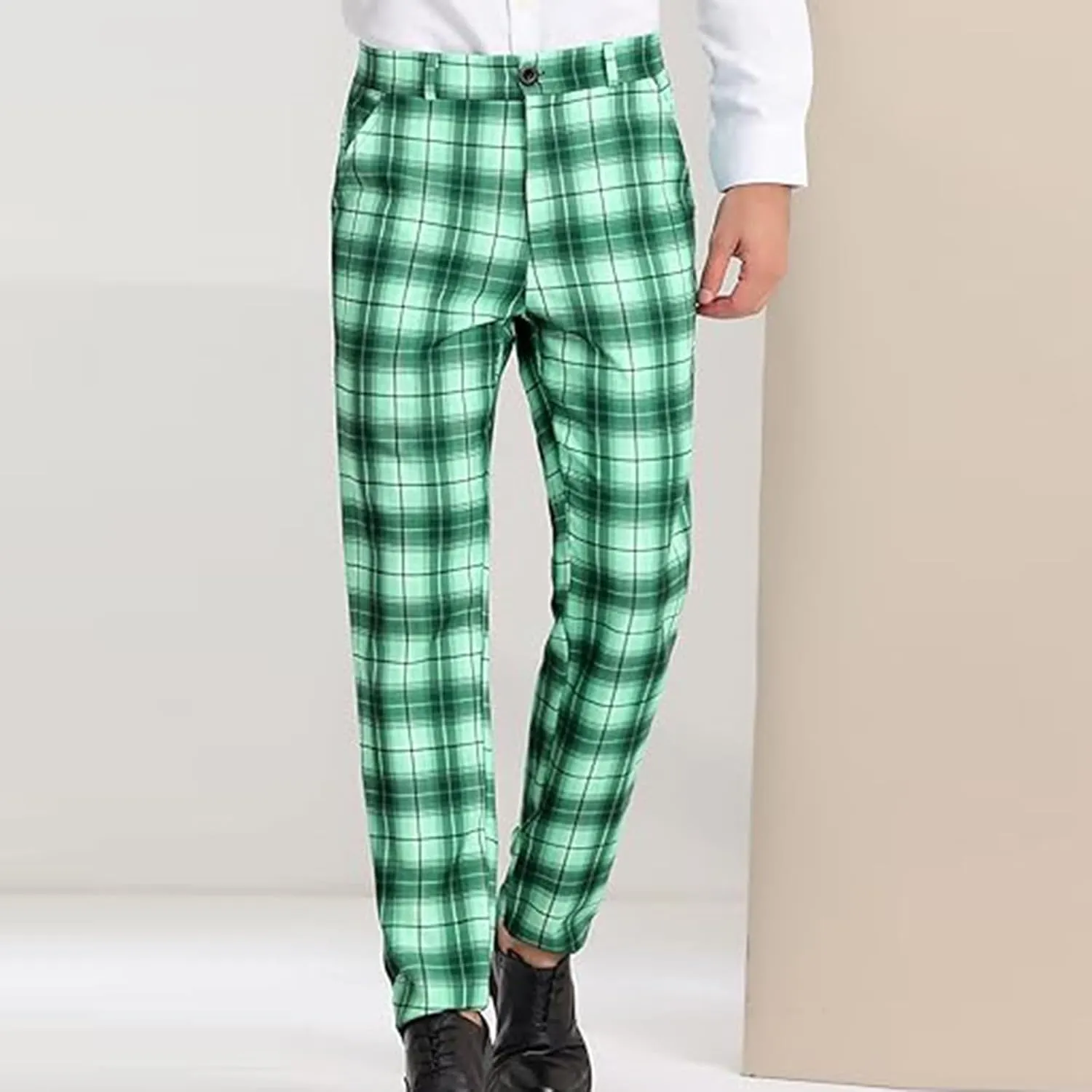 Plaid Pants for Men Straight Leg Checked Pattern Business Golf Chinos Pants Trousers Slim Fit Pants Expandable Waist