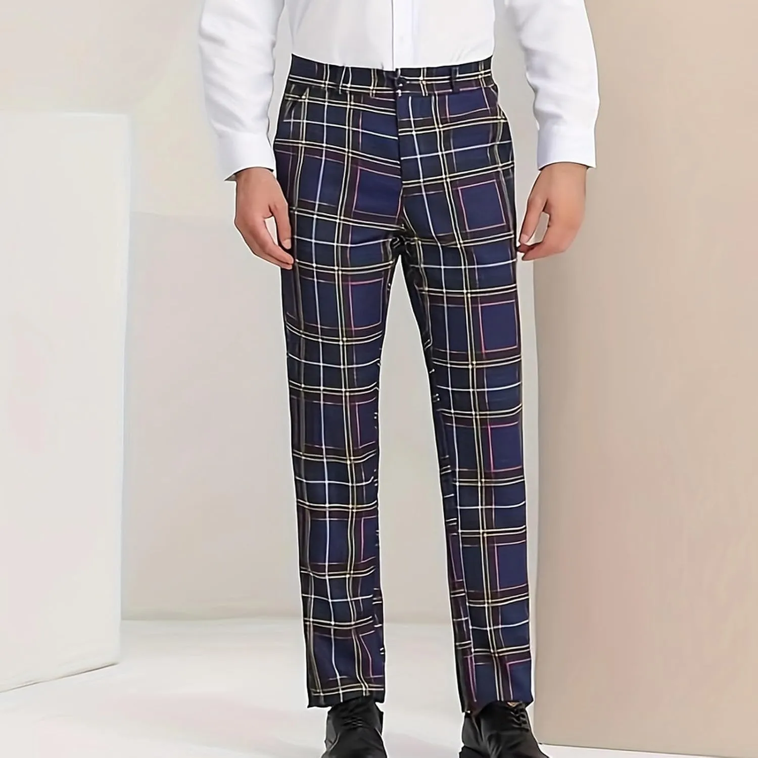 Plaid Pants for Men Straight Leg Checked Pattern Business Golf Chinos Pants Trousers Slim Fit Pants Expandable Waist