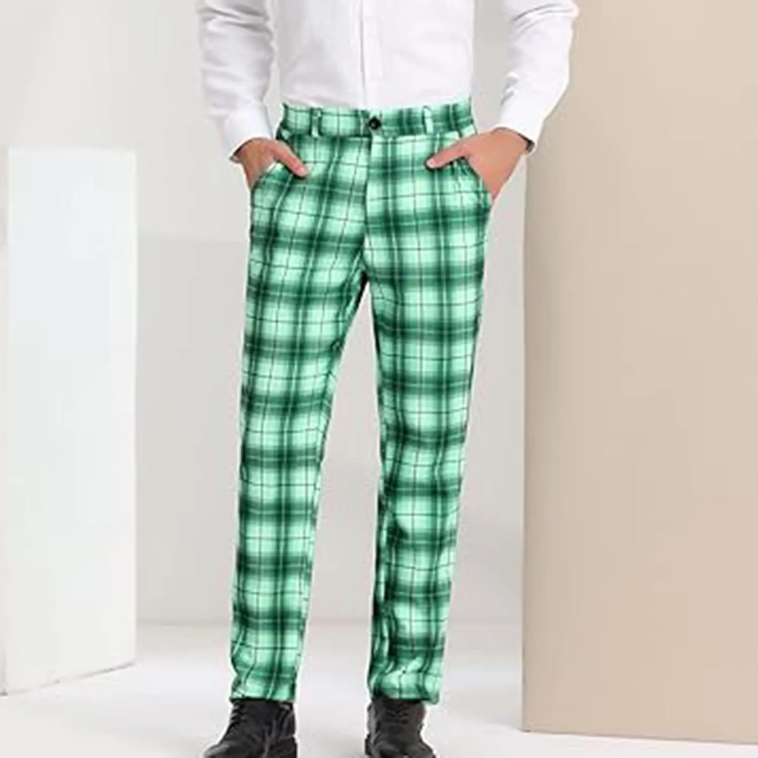 Plaid Pants for Men Straight Leg Checked Pattern Business Golf Chinos Pants Trousers Slim Fit Pants Expandable Waist