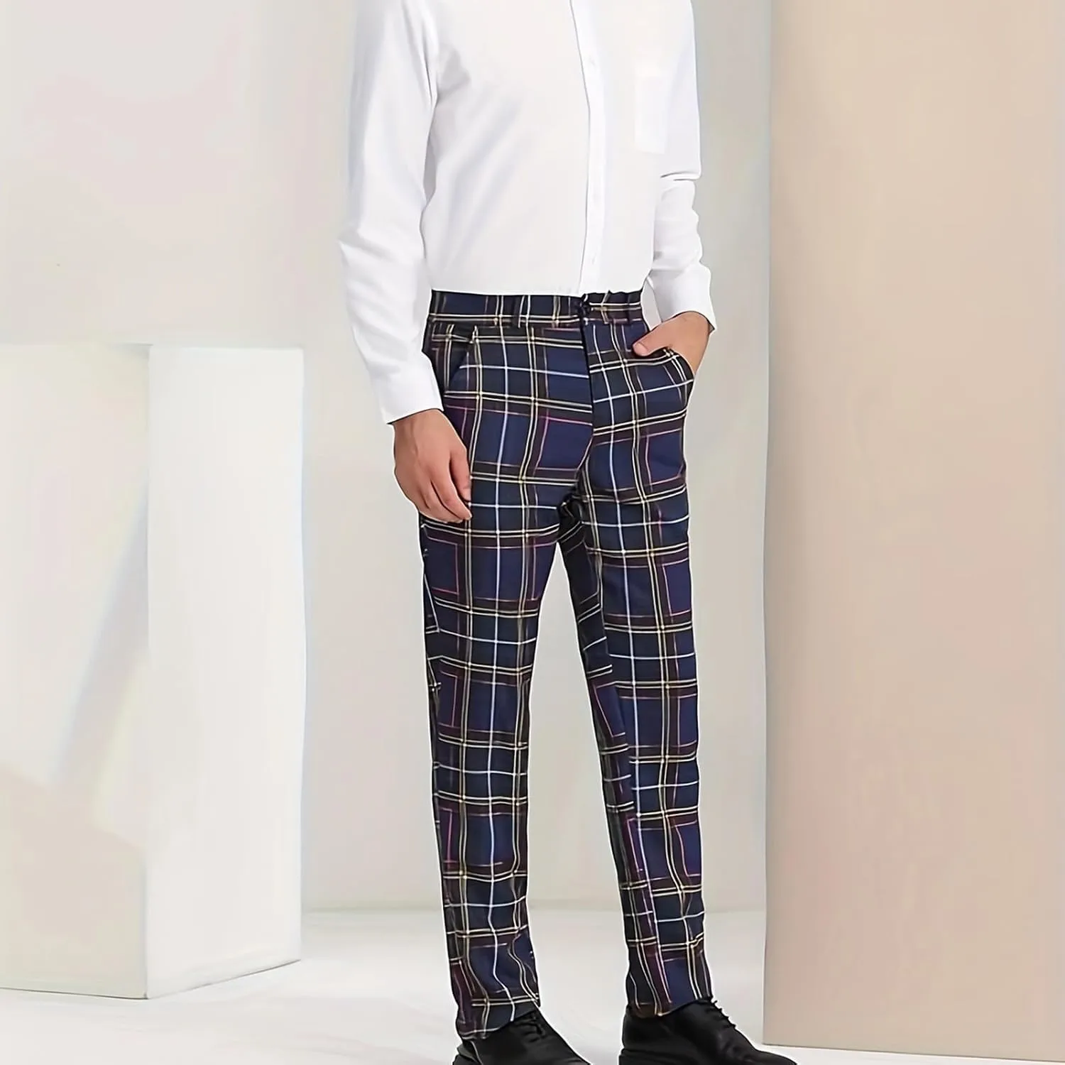 Plaid Pants for Men Straight Leg Checked Pattern Business Golf Chinos Pants Trousers Slim Fit Pants Expandable Waist