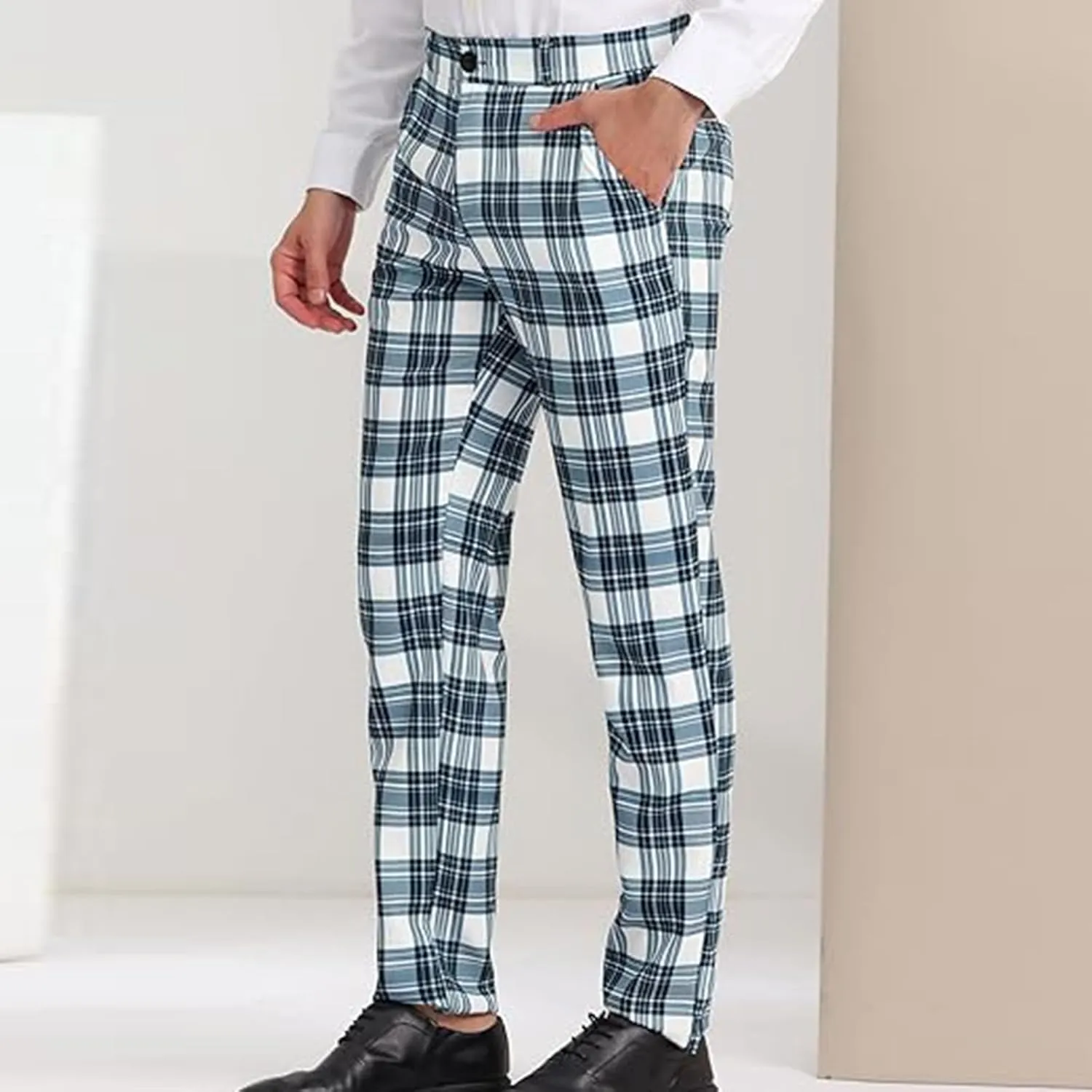 Plaid Pants for Men Straight Leg Checked Pattern Business Golf Chinos Pants Trousers Slim Fit Pants Expandable Waist