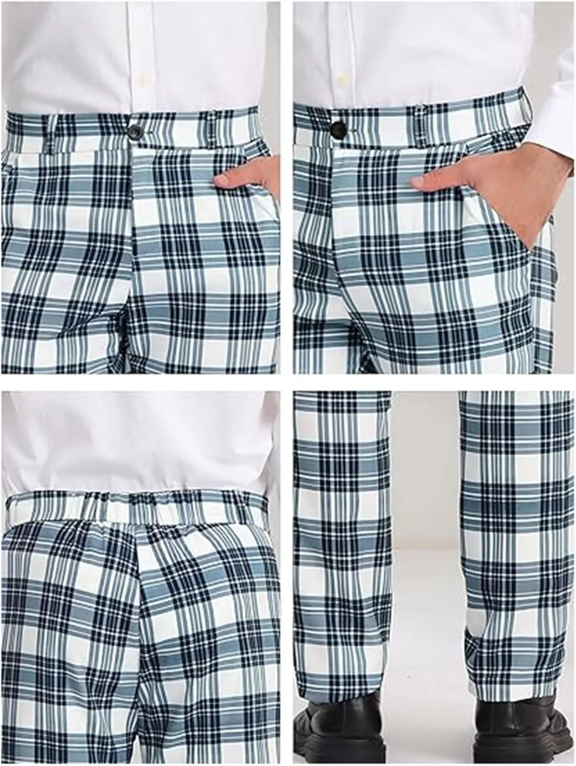 Plaid Pants for Men Straight Leg Checked Pattern Business Golf Chinos Pants Trousers Slim Fit Pants Expandable Waist